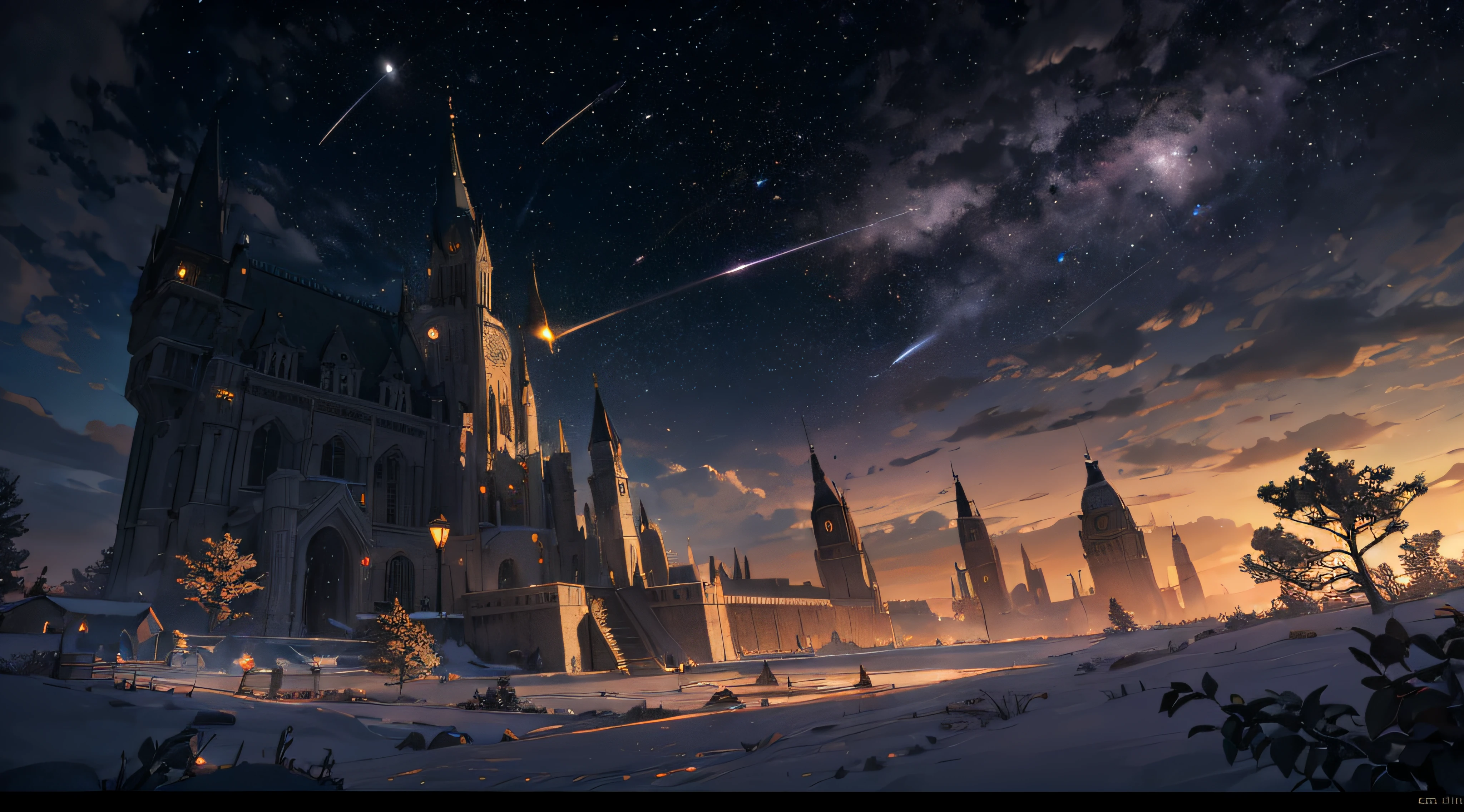 Expansive landscape photograph,(moon full:1.2),(meteors:0.9),(Starcloud:1.3),(Warm light source:1.2),(glowworm:1.2),lamp lights,Lots of purple and orange,Complicated details,Volumetriclighting,Realism BREAK(tmasterpiece:1.2),(best qualtiy),8K,Ultra-detailed,(dynamic compositions:1.4),The is very detailed,Colorful details,(Irridescent color:1.2),(luminouslighting,Atmospheric lighting),dream magical,magical,(独奏:1.2),((best qualtiy)), ((tmasterpiece)), (the detail:1.4),depth of fields,maximum definition and sharpness,perfectly proportions,Fluttering clouds,Wallpapers