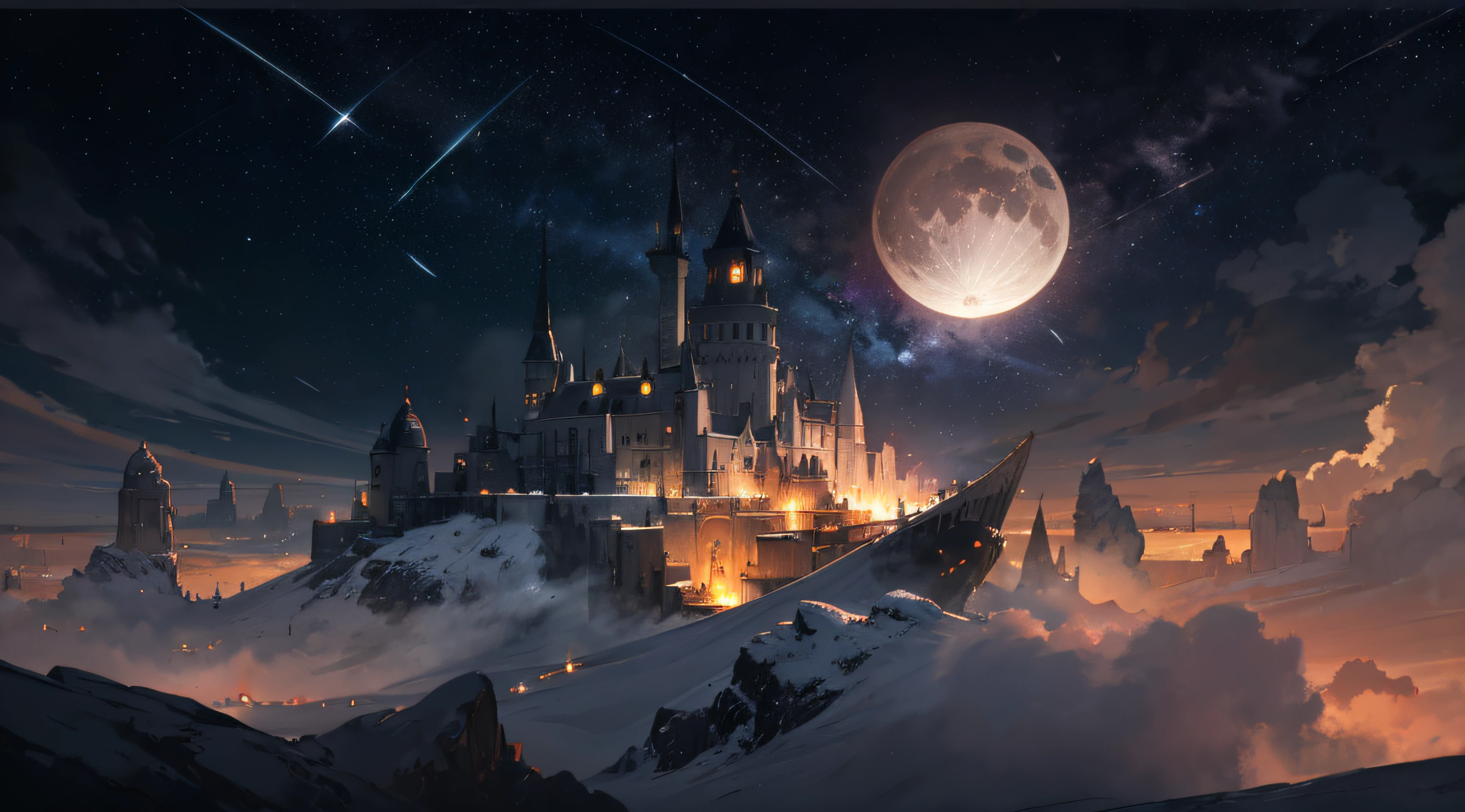 Expansive landscape photograph，（moon full：1.2），（meteors：0.9），（Starcloud：1.3），（Warm light source：1.2），（glowworm：1.2），lamp lights，Lots of purple and orange，Complicated details，Volumetriclighting，Realism BREAK（tmasterpiece：1.2），（best qualtiy），8K，Ultra-detailed，（dynamic compositions：1.4），The is very detailed，Colorful details，（Irridescent color：1.2），（luminouslighting，Atmospheric lighting），dream magical，magical，（独奏：1.2），（（best qualtiy））， （（tmasterpiece））， （the detail：1.4），depth of fields，maximum definition and sharpness，perfectly proportions，Fluttering clouds，Wallpapers