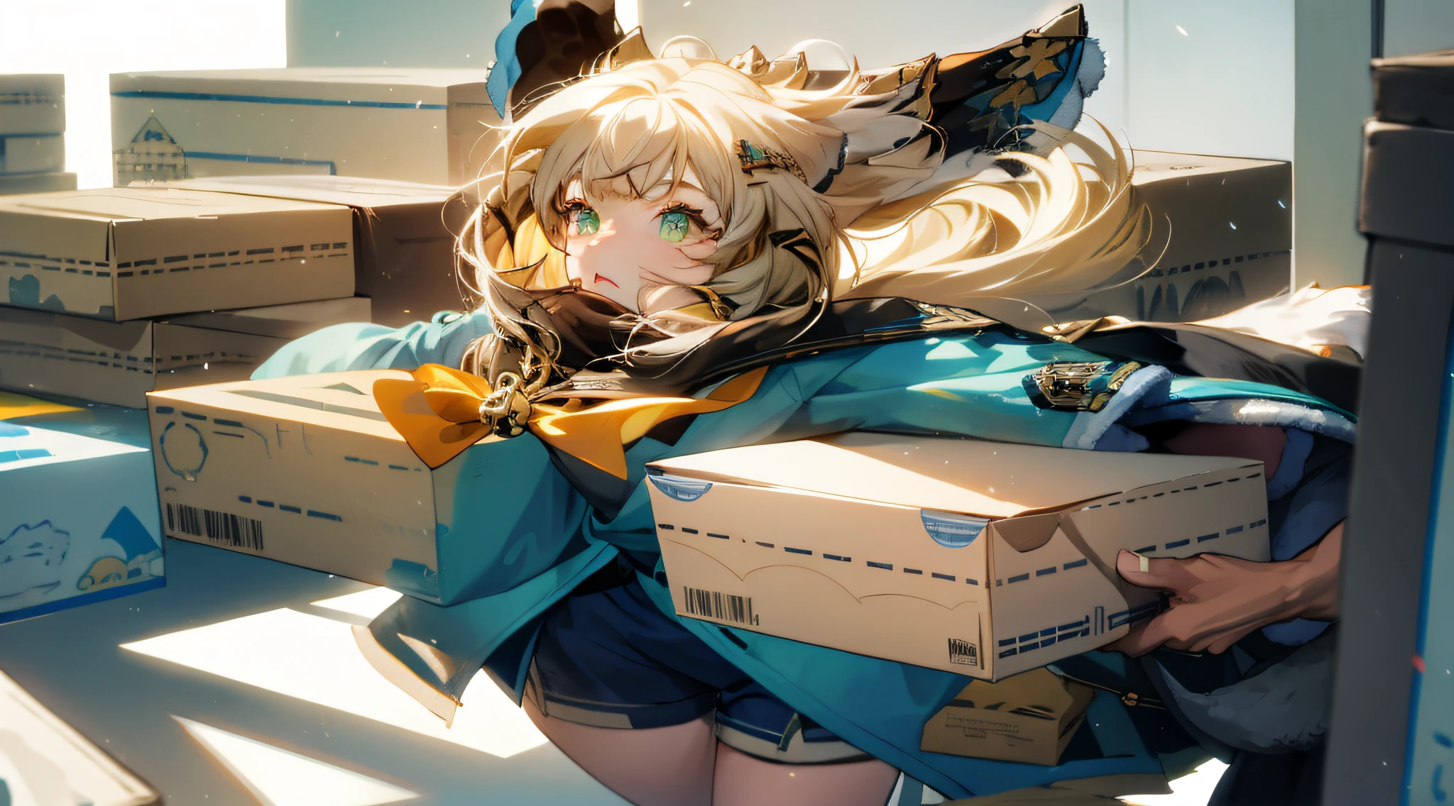 ((masterpiece)), 1 girl solo, cat ears. 2 tails, holding packages, lots of boxes, post office