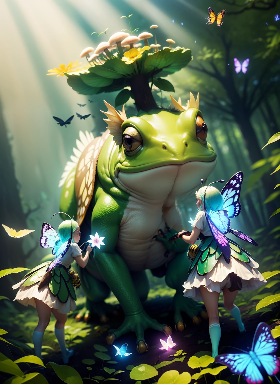 A closeup shot of a flock of pixies soar close to the camera through a sun-dappled tangled forest, riding atop the backs of giant tree frogs. The trail is lined with glowing mushrooms and bioluminescent lights, and the air is alive with the buzzing of bees and fluttering of butterflies. 28k highly detailed render.