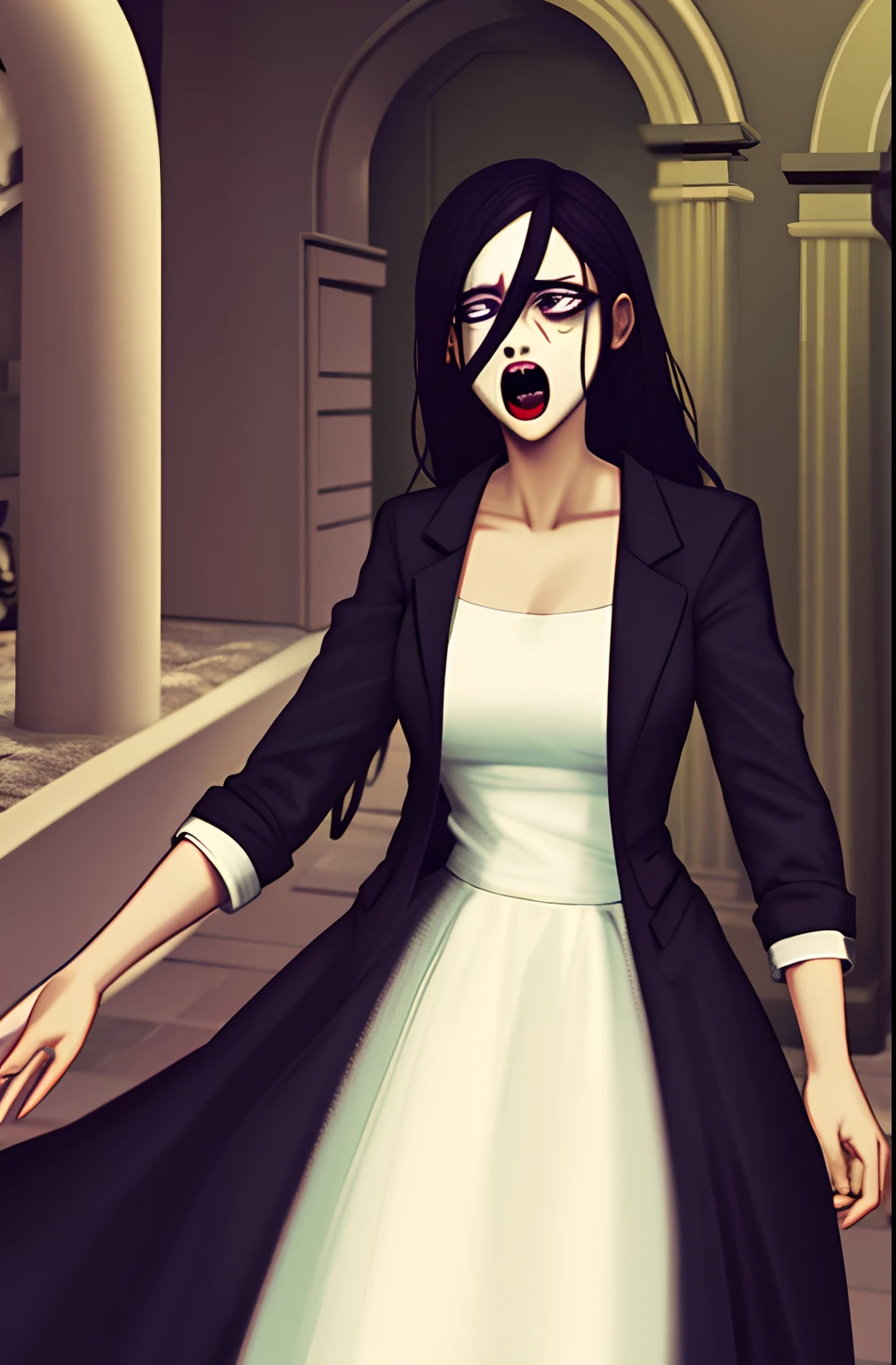 Chica aterradora fantasma horriblemente espeluznante como un demonio aterradora y bella