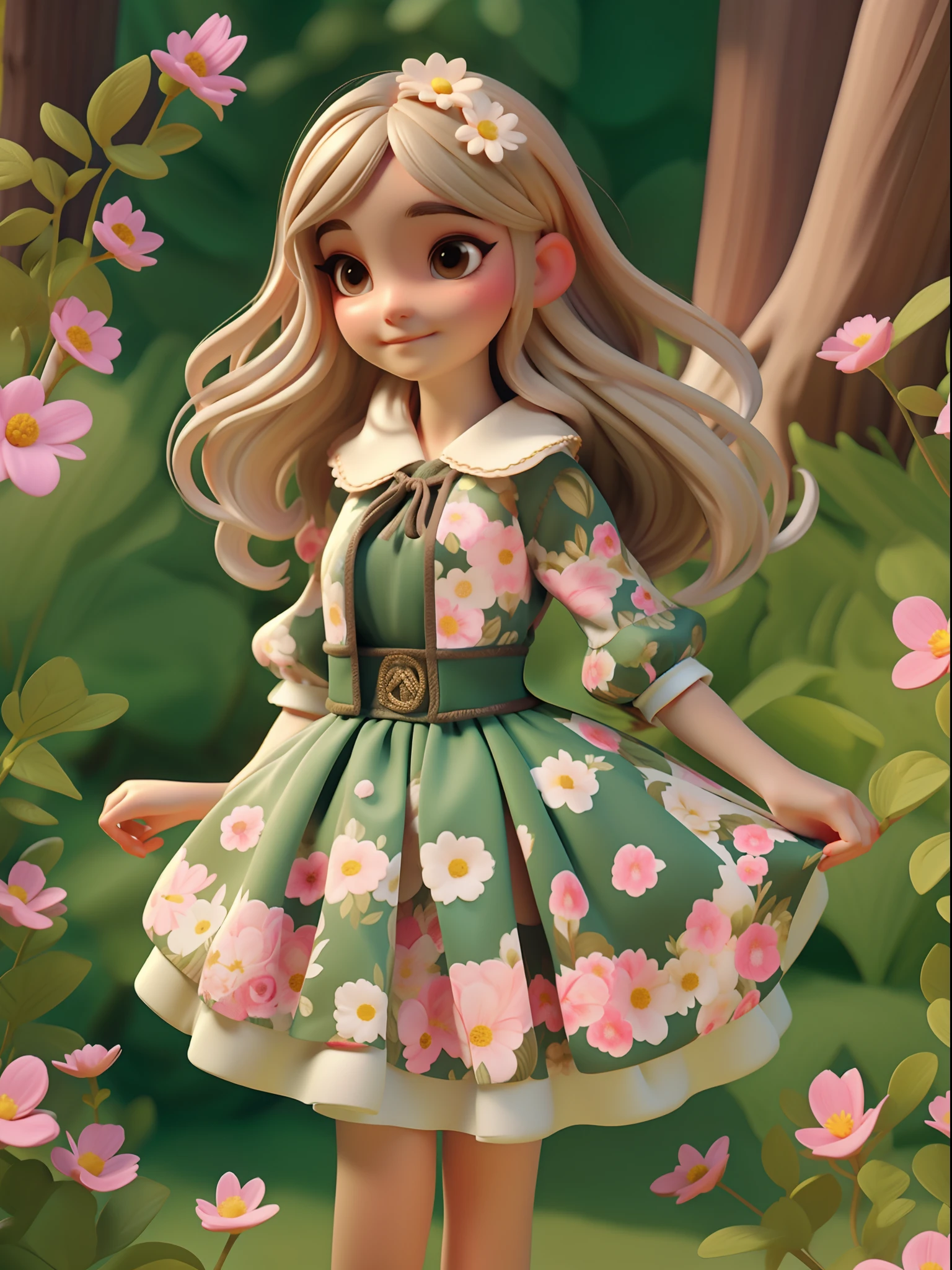 Uma menina encantadora corre livremente pelo bosque, cheio de flores e cogumelos, cabelos longos, roupa elegants