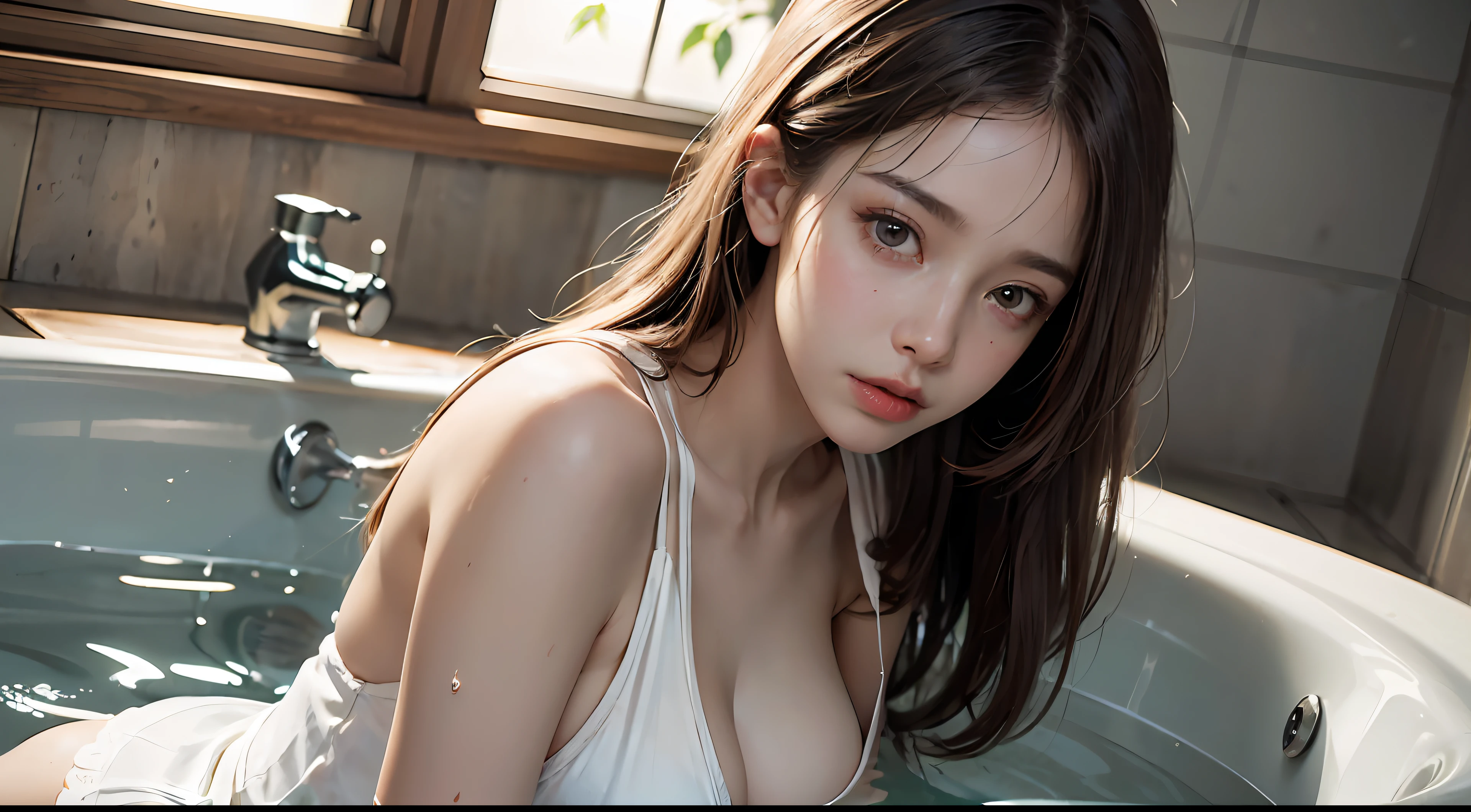 Masterpiece,Best quality,offcial art,Extremely detailed CG unified 8K wallpaper, (hdr:1.4), (Cinematic), (pastel colour, dim colors, soothing tones:1.3), (Natural skin texture, hyper photorealism, Soft light, Sharp),(Extremely detailed), Professional lighting, Radio City,((1girll,20yr old)), inside bathroom,Sunlight light,Best quality, Lots of details, Masterpiece, Ultra-detailed, illustration, Realistic, An extremely delicate and beautiful girl, Beautiful detailed eyes,8K_the wallpaper,Beautiful detailed girl, looking at viewert, Messy hair, Large breasts, side boobs, ((chest focus)), (Larger shirt,The areola is faintly visible,Looming genitals,pubes,Lie on your back in the water,drenched all over the body), Unbuttoned, full bodyesbian, ((Sexual suggestiveness)), A faint mockery,