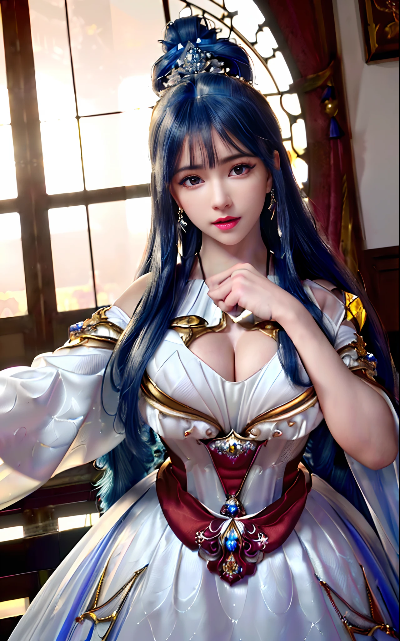 ((realisticity: 1.2)), ((realistic: 8K UHD)), ((best resolution: 8K UHD)), hyper detailed, best quality,masterpiece,highres,cg,
((1 hyper detailed and hyper realistic girl)), ((very beautiful queen dazzling, hyper realistic, and hyper detailed)),((white skin, beautiful, smooth, youthful, hyper realistic and hyper detailed
)), ((Hyper beautiful face, white, hyper realistic and hyper detailed)), long hair, ((hyper realistic and hyper detailed dress)), solo, ((hyper realistic, hyper beautiful, gorgeous and hyper detailed jewelry)), ((hyper beautiful, hyper realistic and hyper detailed dark red and golden yellow dress)),
((Hyper beautiful, hyper realistic, hyper detailed diamond filled earrings)),
  ((Hyper beautiful, hyper realistic and hyper detailed diamond filled hair ornament)), ((hyper beautiful upper body, hyper beautiful, hyper 
 realistic and hyper detailed)), ((big breasts: 2.5)), 
((Hyper grand, hyper realistic and hyper detailed royal palace backgroun))
((Hyper beautiful, hyper beautiful, hyper realistic and hyper detailed hair bun)), ((hyper beautiful, hyper realistic and hyper detailed blue hair)),
candid, Photograph, high resolution, 8k,Bokeh,