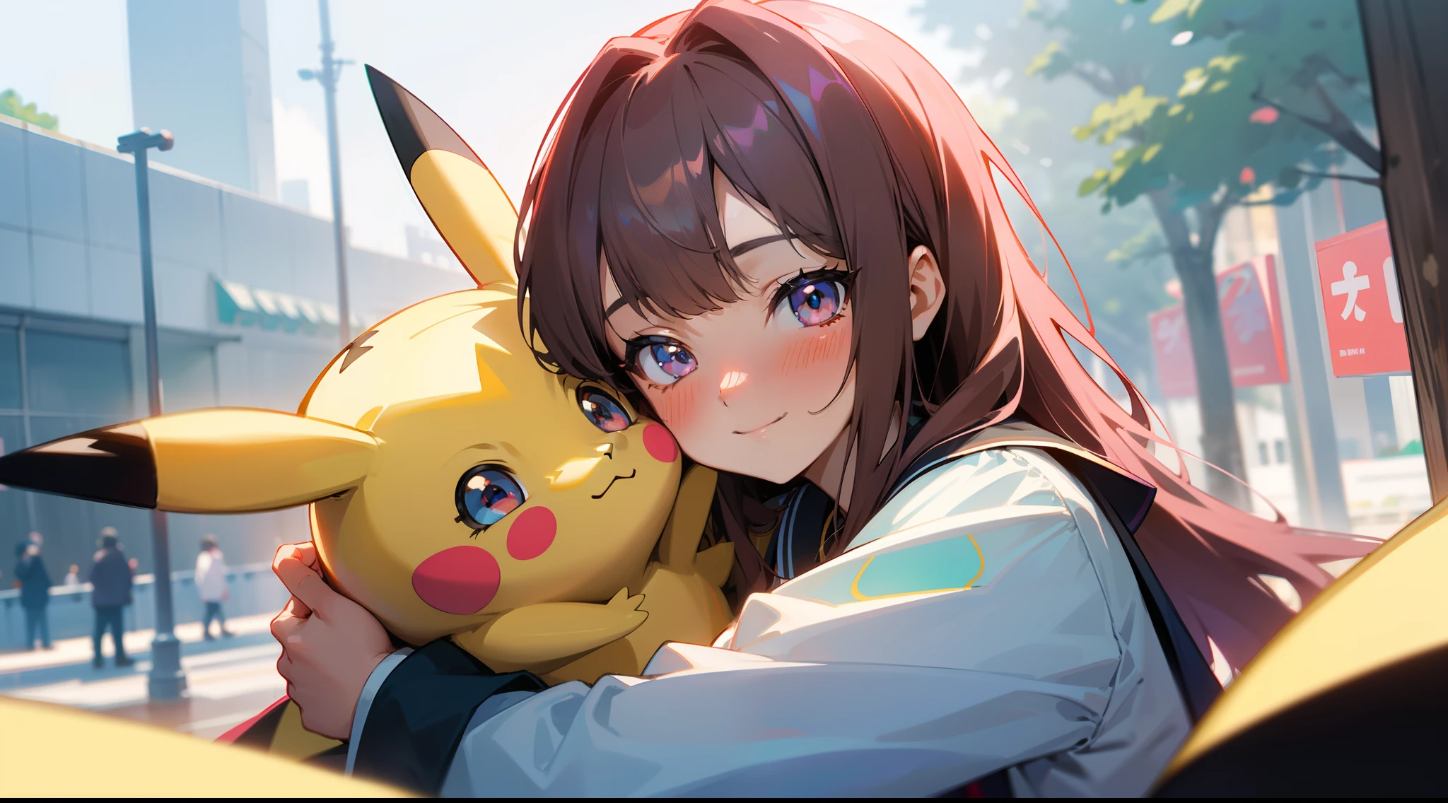 masterpiece, best quality,(colorful), (delicate eyes and face), volumetric light, ray tracing, extremely detailed CG unity 8k wallpaper,,masterpiece, best quality, anime, highly detailed, (perfect face, highly detailed face),1 girl,anya \(spy x family\), in the middle of the city, ((hugging a detailed pikachu:1), beautiful details, beautiful hands, dressed in a school outfit, ((blushing)), happy, tokyo city, people around