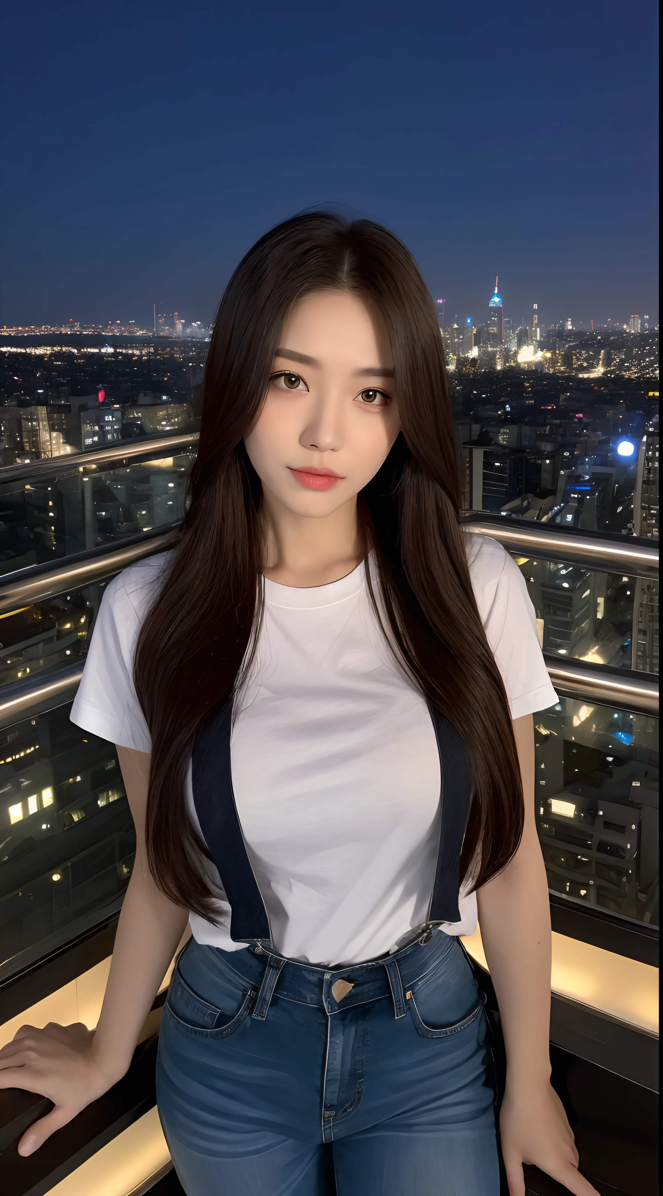 ((Midnight, Best quality, 8k, Masterpiece :1.3)), Whole body, Long legs, Sharp focus :1.2, A pretty woman with perfect figure :1.4, Slender abs :1.1, ((Dark brown hair, Big breasts :1.2)), (White tight tshirt, Jean bib, Standing:1.2), ((Night city view, Rooftop:1.3)), Highly detailed face and skin texture, Detailed eyes, Double eyelid