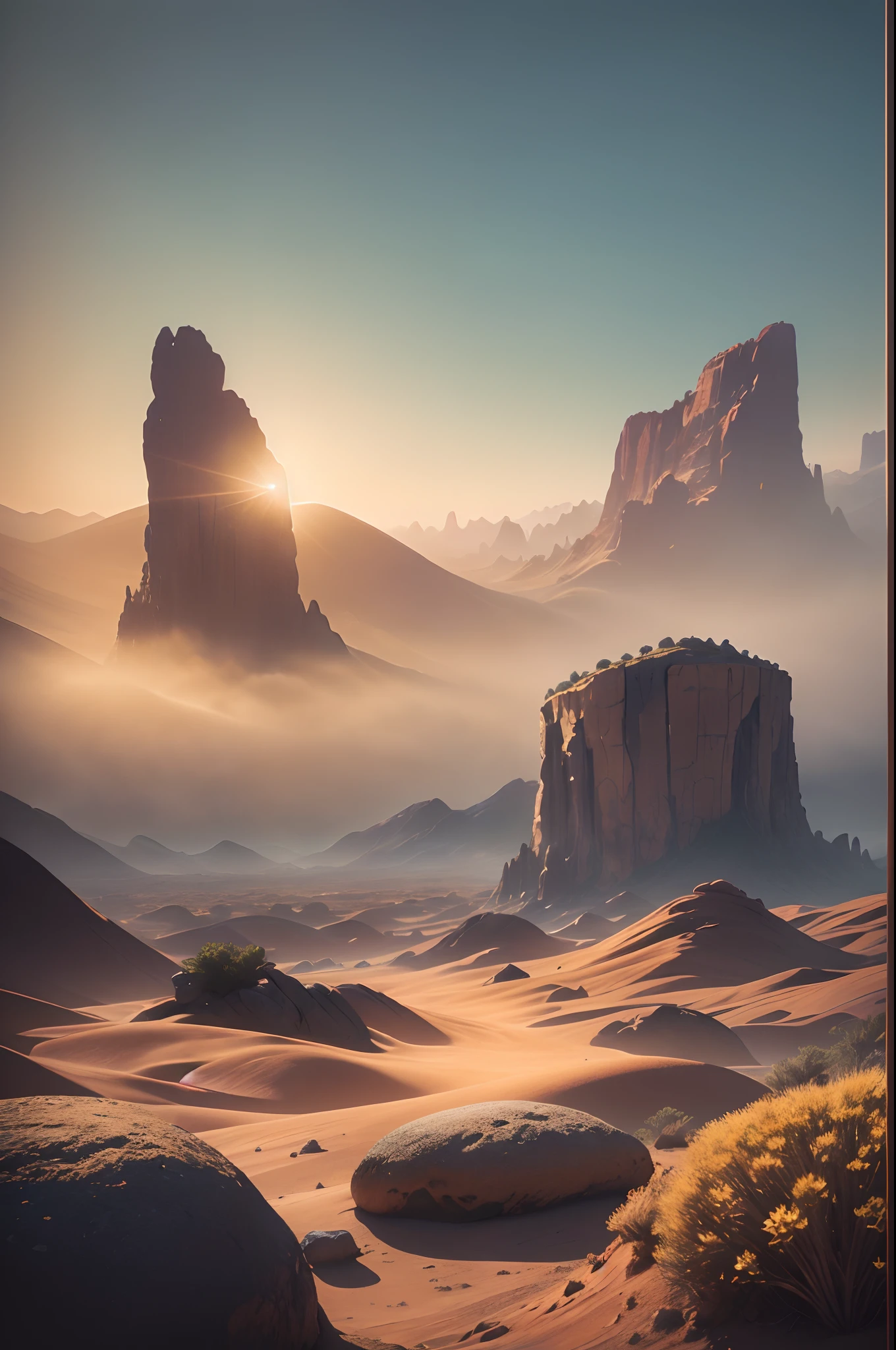 Fantasy Desert, Desert Mountain, Halo ring (Masterpiece, Best Quality, High Quality, Highres:1.4), Detailed, Extremely Detailed, Ambient Soft Lighting, 4K,Blurry, Blurry Background, Depth of Field, Bokeh, DOF, Fog, Bloom Outdoors, (Nature, fantasy Desert:1.2), (Rocks:1.2),