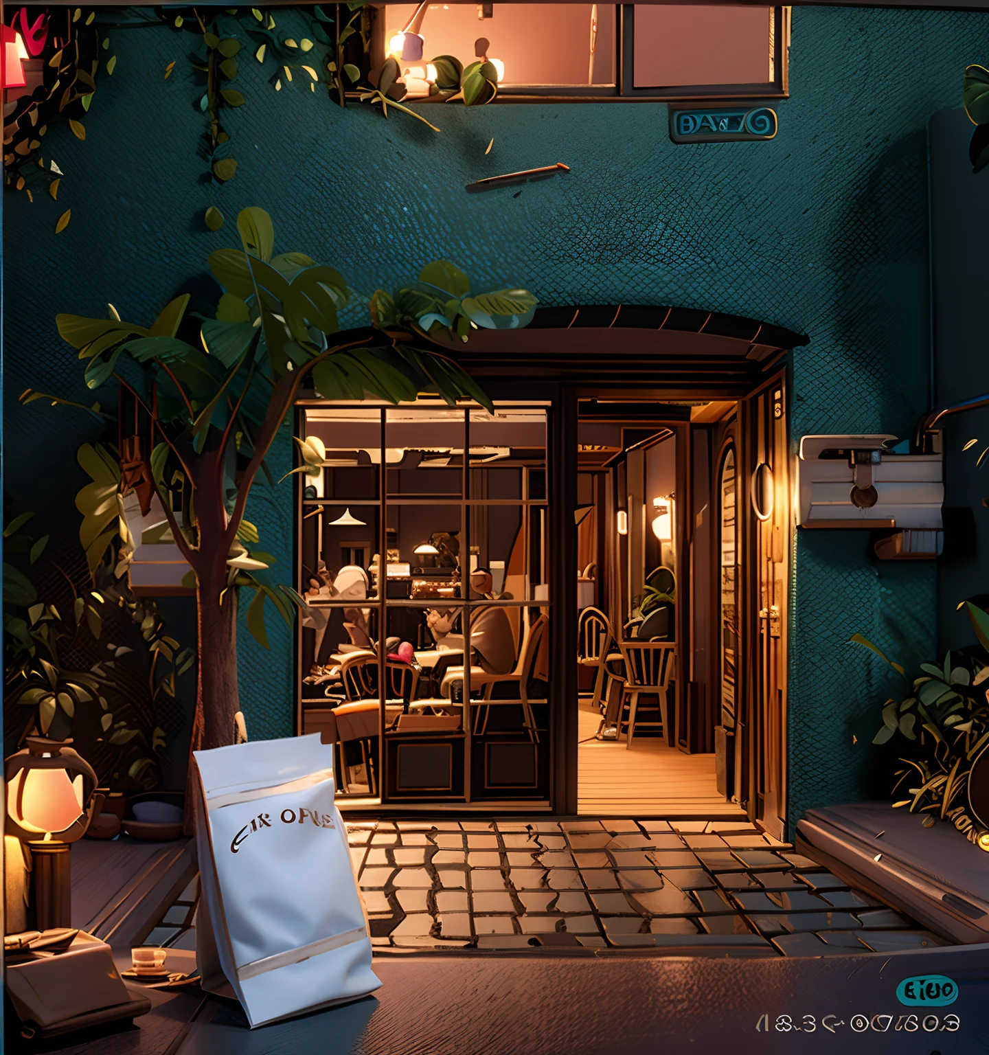 The coffee,Crowd drinking coffee in the house, 3D style,3D illustration,Night café,Rendering of lights,a sense of atmosphere,the detail