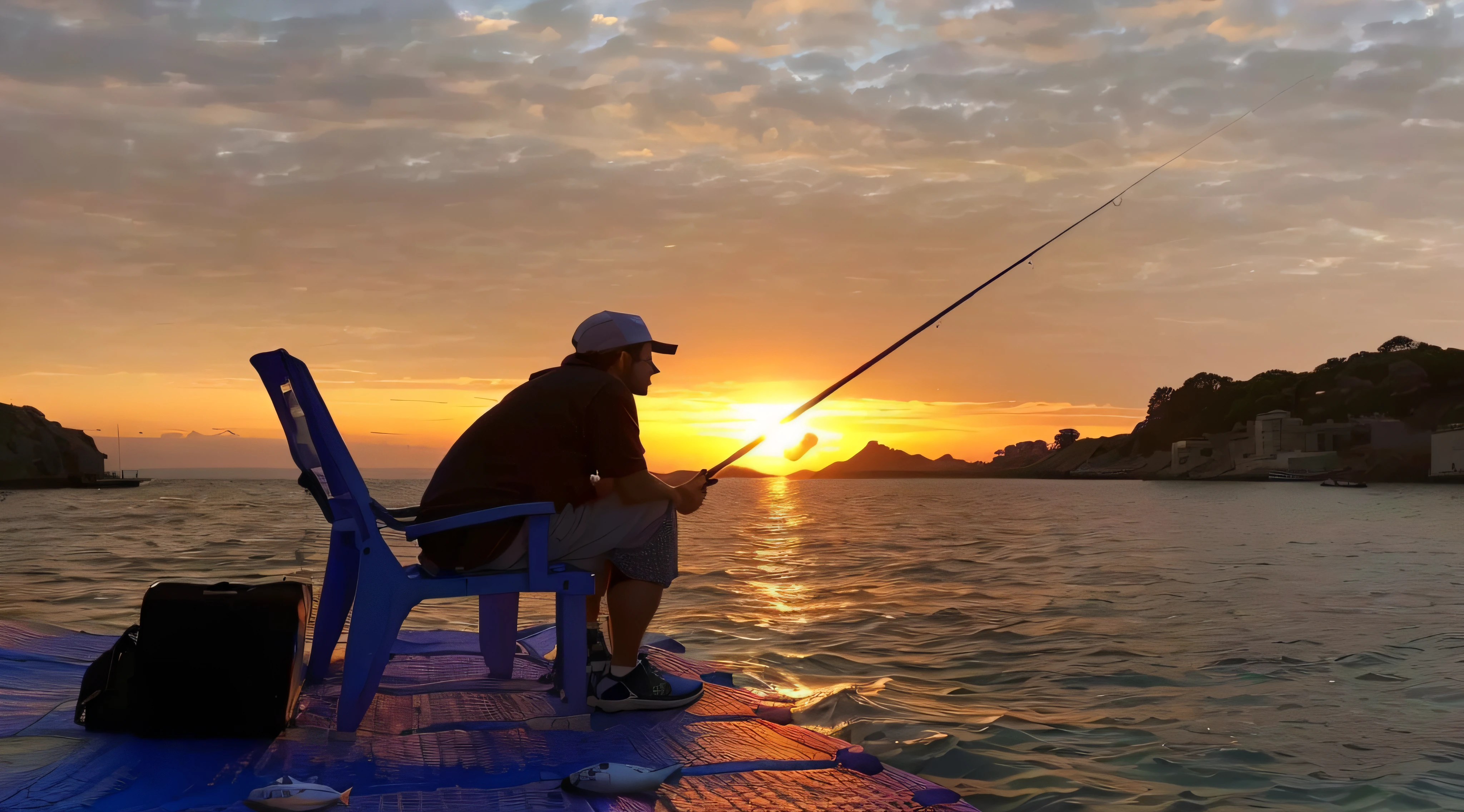 Arapefi fished on the boat with a chair and suitcase at sunset, people angling at the edge, Fishing, photograph taken in 2 0 2 0, fisherman, bottom angles, as the sun sets on the horizon, ultra setting, a man sitting on a jetty, at the sunset, the sunset, dusk setting, end of day, With sunset, breathtaking shot