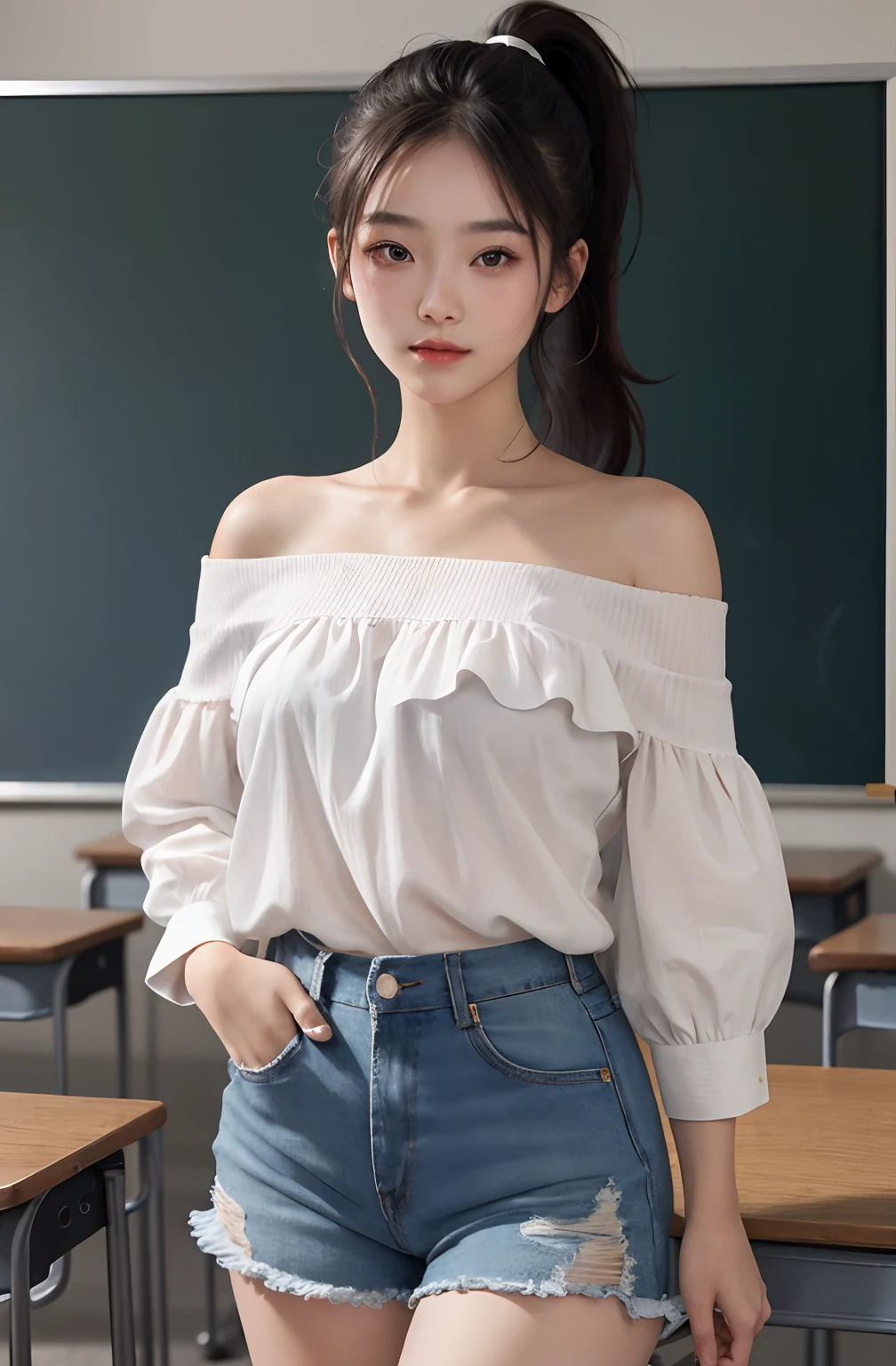 1girl, cute, , seductive expression, look at viewer, Off-shoulder shirt, high waist short pants, photo, realistic, best quality, hires, detailed face, classroom, detailed background, diffused lighting, depth of field, bokeh, ponytail