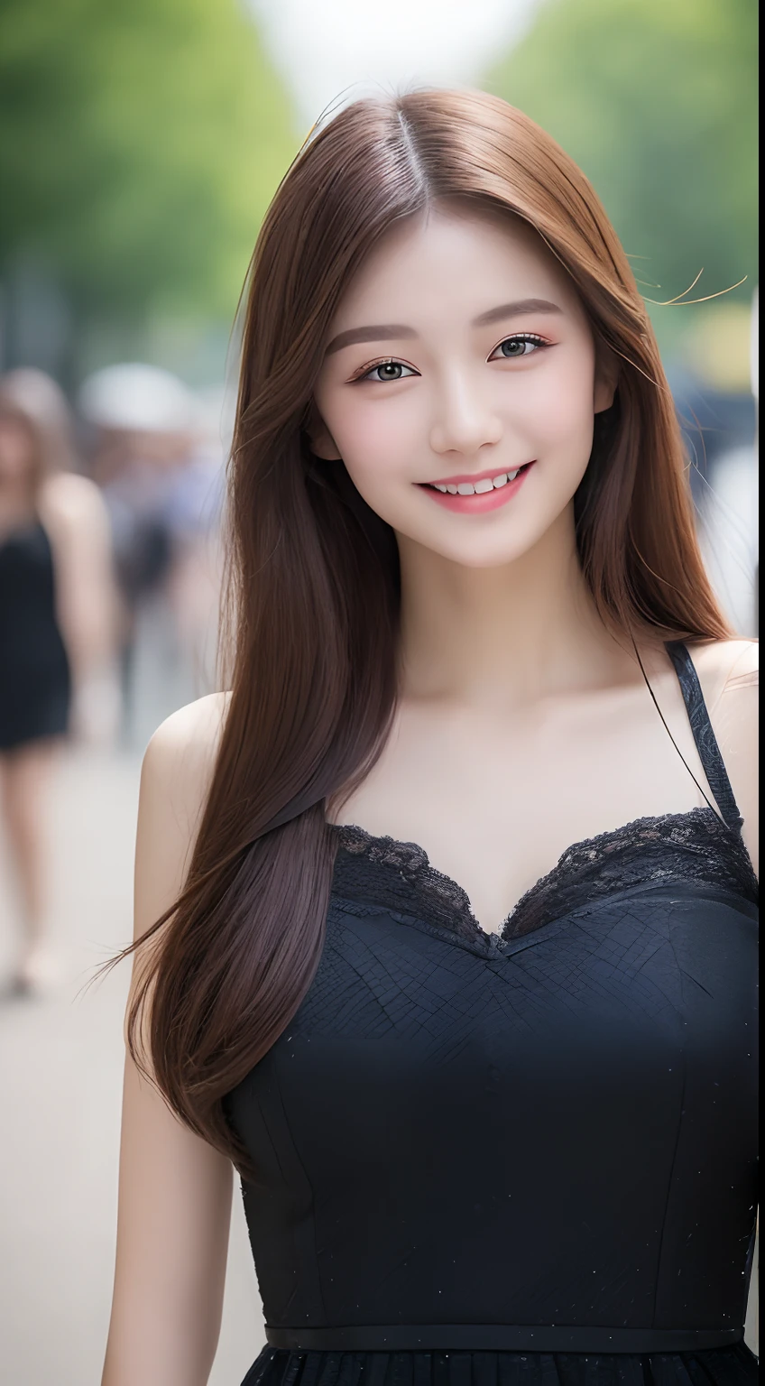 ((Best quality, 8k, Masterpiece :1.3)), 1girl, smiling, full body, slim face, Pretty woman, (Dark brown hair), full length dress :1.1, Ultra-detailed face, Detailed eyes, Double eyelid, blur background, slim face, city, outside, street,
