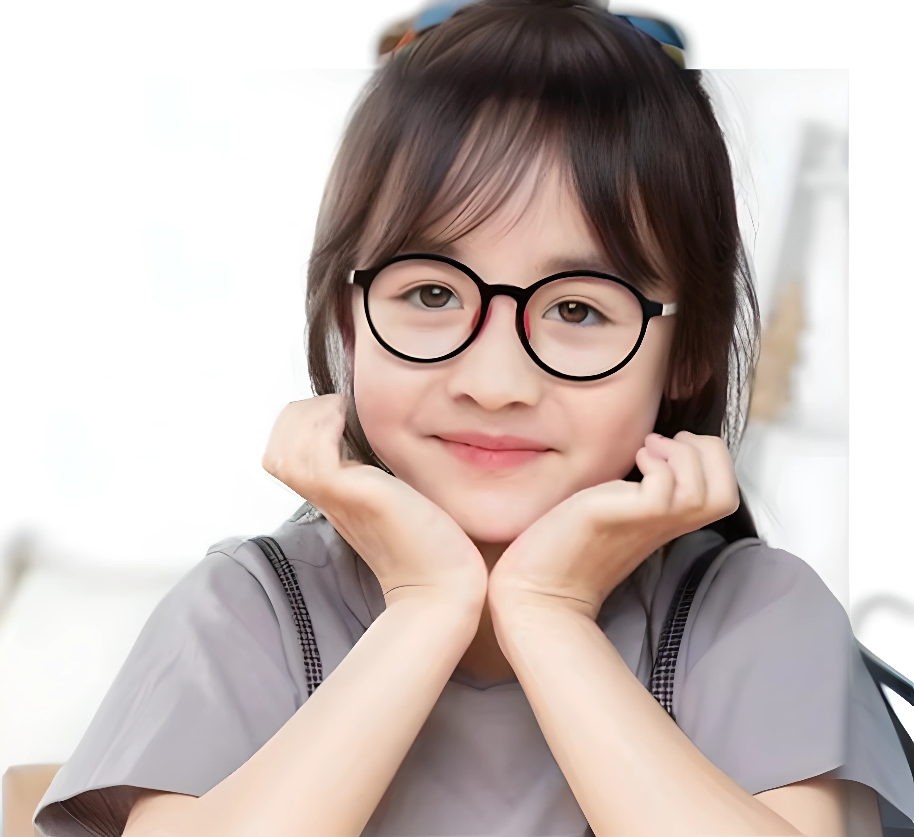 There is a young girl wearing glasses and a backpack posing for a photo, a girl with round glasses, Girl with glasses, wearing small round glasses, wearing thin large round glasses, young and cute girl, wearing medium - sized glasses, wearing round glasses, Young Asian girl, Cute young girl, circle glasses, With glasses, thick rim glasses