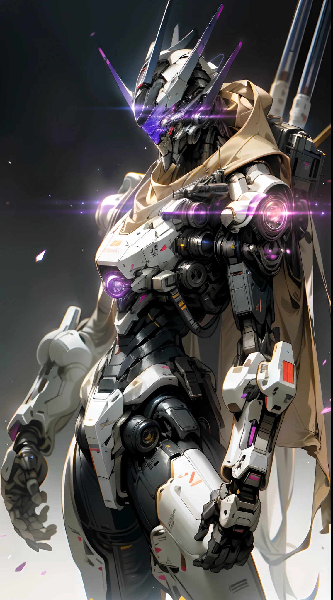 on moon,barren planets,废墟,holdingweapon,without humans,with light glowing,droid,buliding,glowing light eyes,Purple mech,scientific fiction,城市,Realistis,mechs,Milky Way Galaxy background,whole body display,neonlight,cyber punk perssonage,