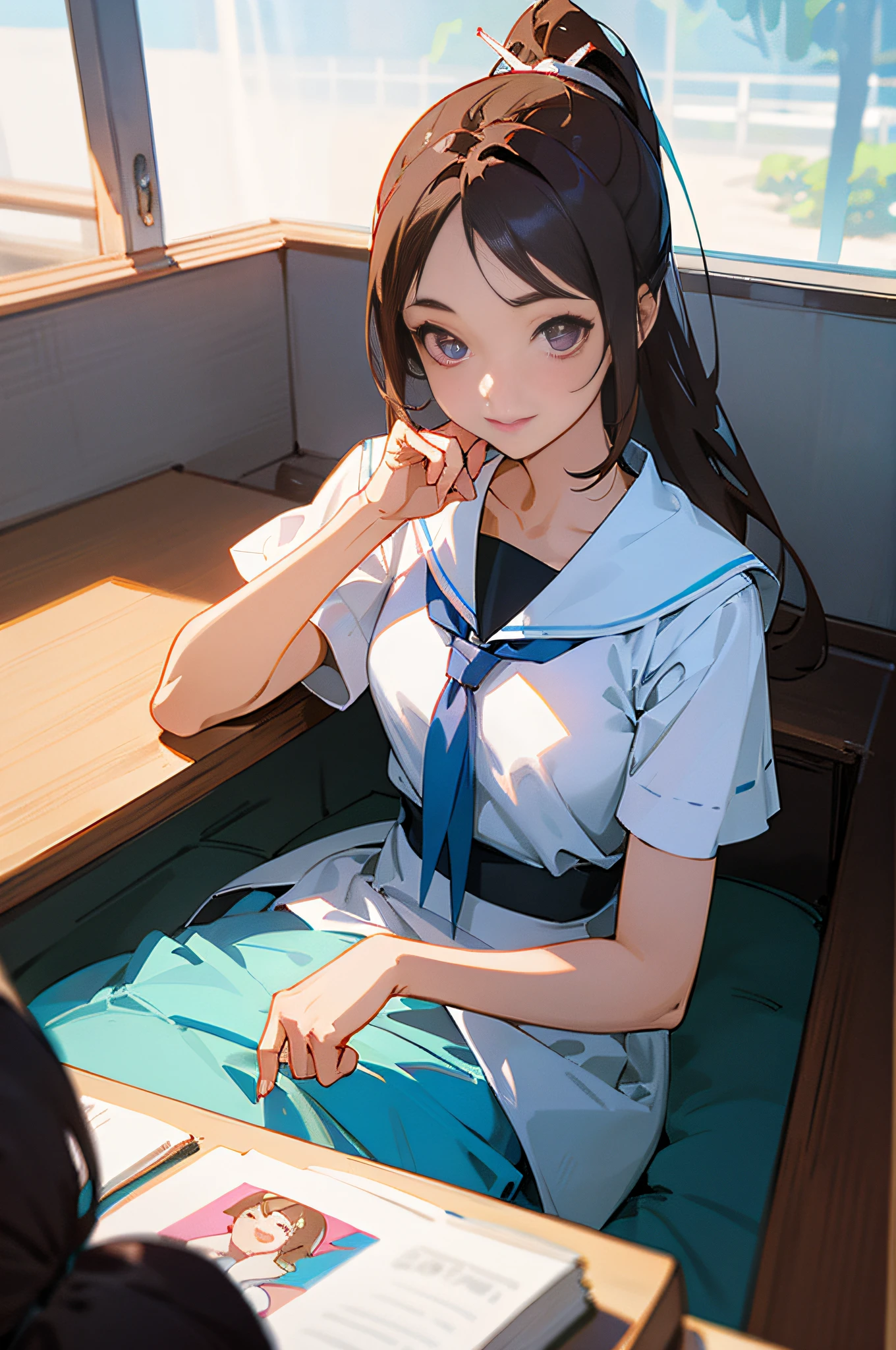 Woman in white shirt, screenshot inspired by Chikuha Otake, elegant smile, sitcom screenshot, exact face, underbite, boichi, 1 girl, solo, pantyhose, school uniform, skirt, flip skirt, brown eyes, brown hair, lifting clothes, sitting, serafuku, lifting yourself, real, brunette long hair, Japan model woman in white bikini posing in pool, gorgeous Japan model, beautiful Japan model, elegant bikini, sexy girl, sexy pose, gwise style artwork, attractive pose, realistic bikini, beautiful woman model, high quality illustration of girl in dress, lying face down on sheet reading a book, Tea and cup next to her, illustration made of mokro pencil, view from above , girl, beautiful purple eyes, shining eyes, white circle of pupil, smile, ponytail, cool view, white hair, 2d, flat color, from below, illustration, moody lighting, Dutch angle, skirt, small transparent crystal like wings at the waist,