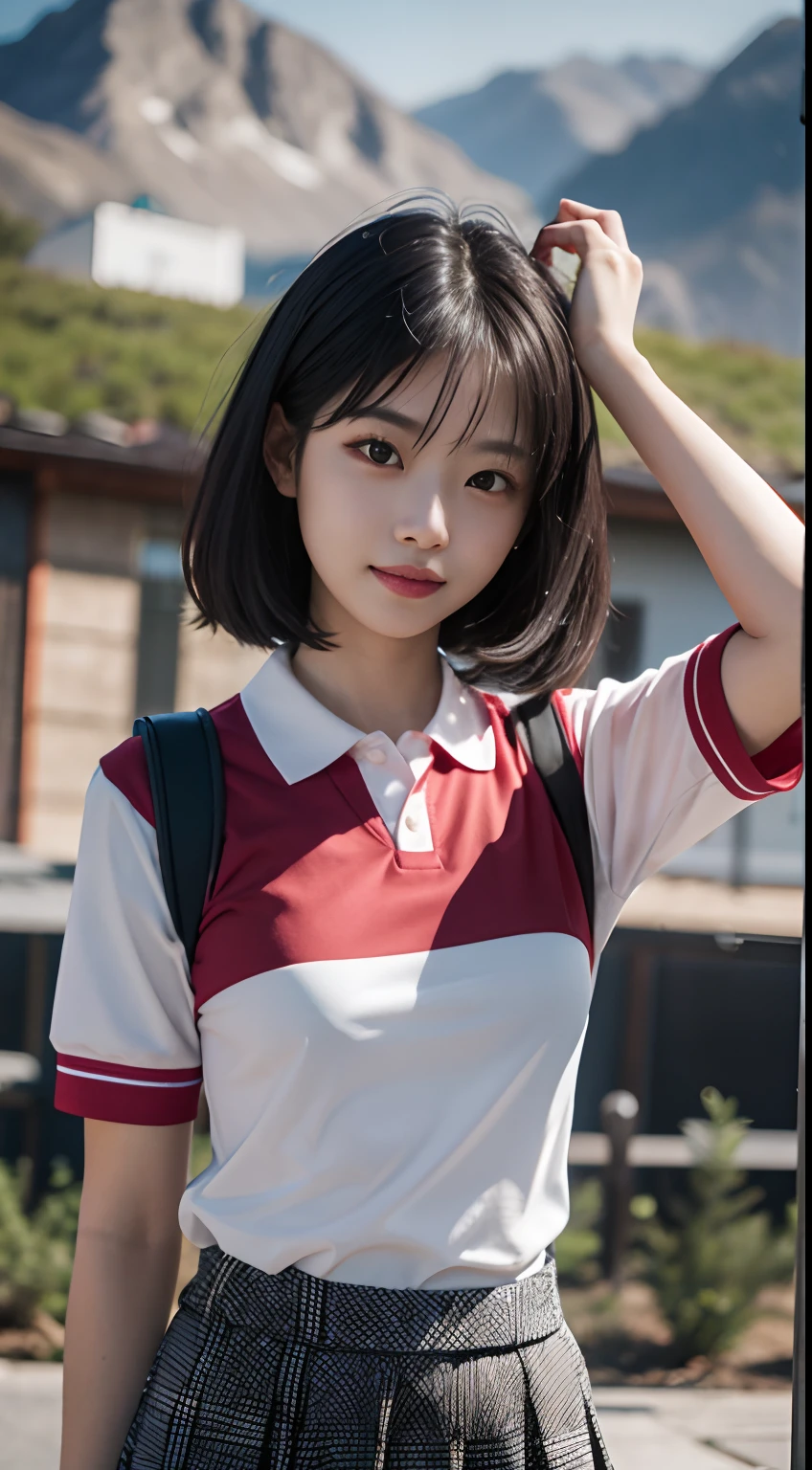 tmasterpiece、top-quality、真实感，Three-dimensional feeling，physically-based renderingt，A high resolution，A female high school student，Medium height，with a good figure，Short black shoulder-length hair、Manteau，Chinese school uniform，Long slacks，Carrying a school bag，Polo shirt，longer sleeves、Not exposed，ssmile，Toothy，on the rooftop，mountain ranges，Background forest，Deep in the mountains，blue-sky，dynamicposes，Well laid out，with whole body visible，Front Shooting，SLR shooting