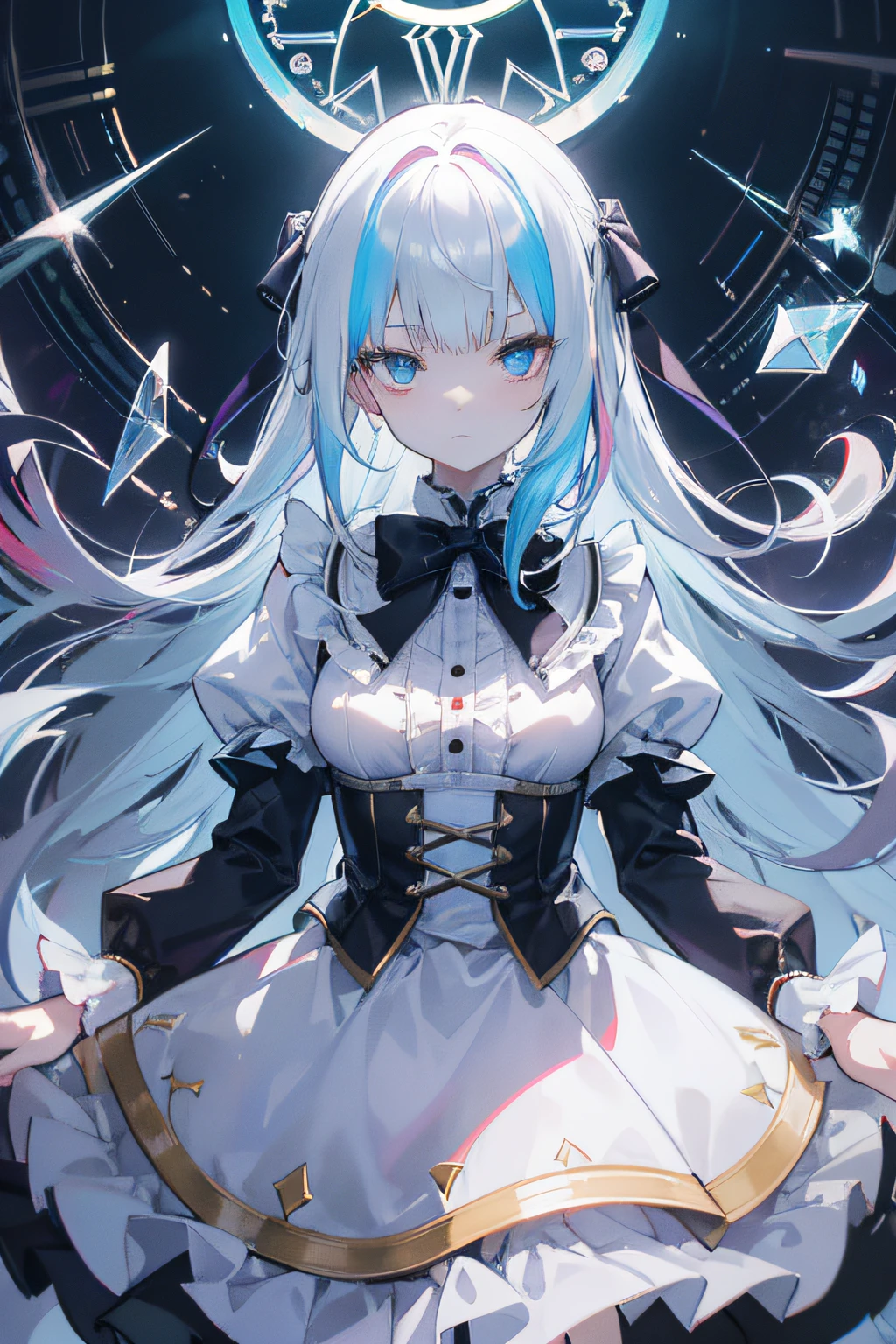 ((illustration)), ((floating hair)), ((chromatic aberration)), ((caustic)), lens flare, dynamic angle,  ((portrait)),  (1 girl), ((solo)), cute face, ((hidden hands)), asymmetrical bangs, (beautiful detailed eyes), eye shadow, ((huge clocks)),  ((glass strips)), (floating glass fragments), ((colorful refraction)), (beautiful detailed sky), ((dark intense shadows)), ((cinematic lighting)), ((overexposure)), (expressionless),  blank stare, big top sleeves, ((frills)), hair_ornament, ribbons, bowties, buttons, (((small breast))), pleated skirt, ((sharp focus)), ((masterpiece)), (((best quality))), ((extremely detailed)), colorful, hdr