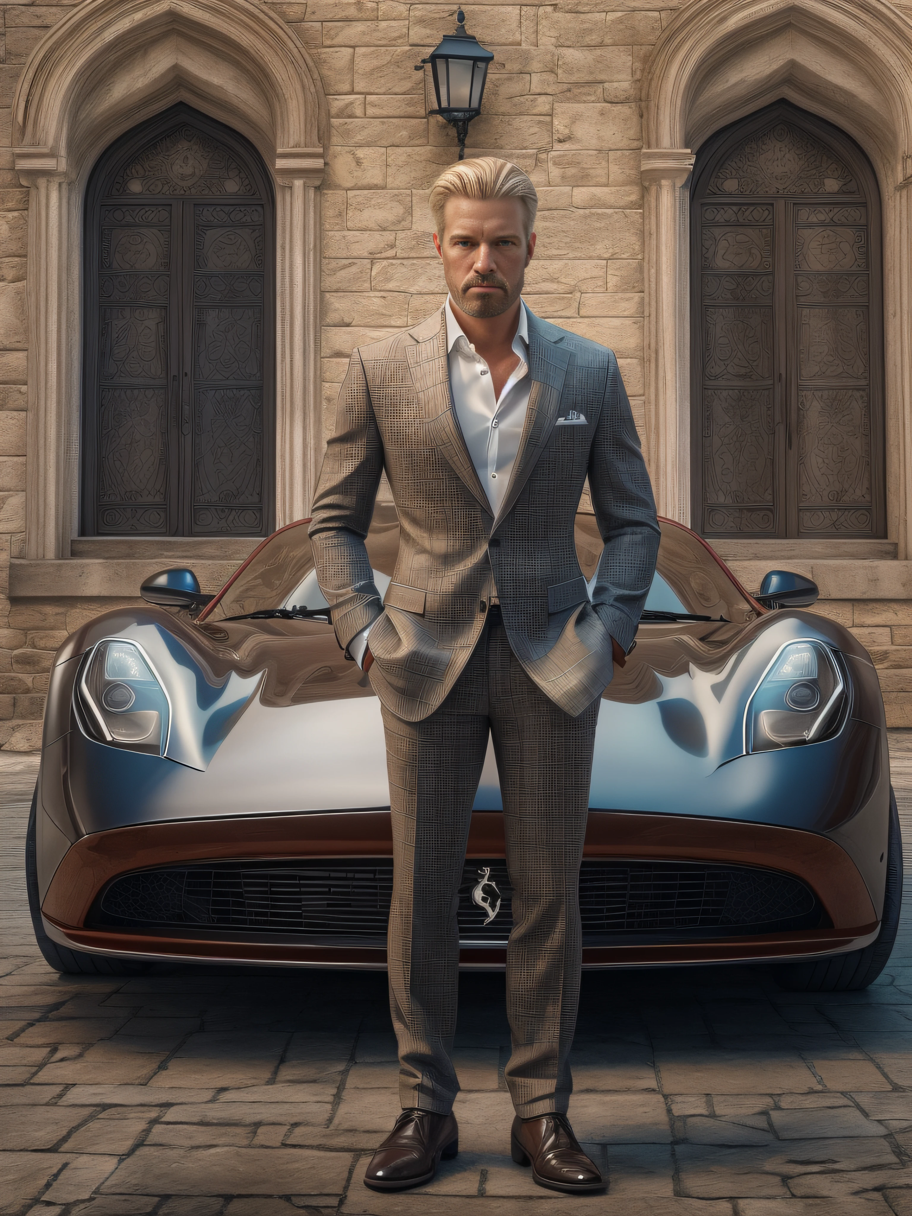 full shot,(symmetry),centered,a real man brutal blond athletic build, against the backdrop of a medieval castle and a ferrari car in front of the front door,a very thin white man with short hair,wearing a classic three-piece suit,35mm,natural skin,clothes detail, 8k texture, 8k, insane details, intricate details, hyperdetailedhighly detailed,realistic,soft cinematic light,HDR,sharp focus, ((((cinematic look)))),intricate, elegant, highly detailed,Jerry Gionis style ,hyperphotorealism