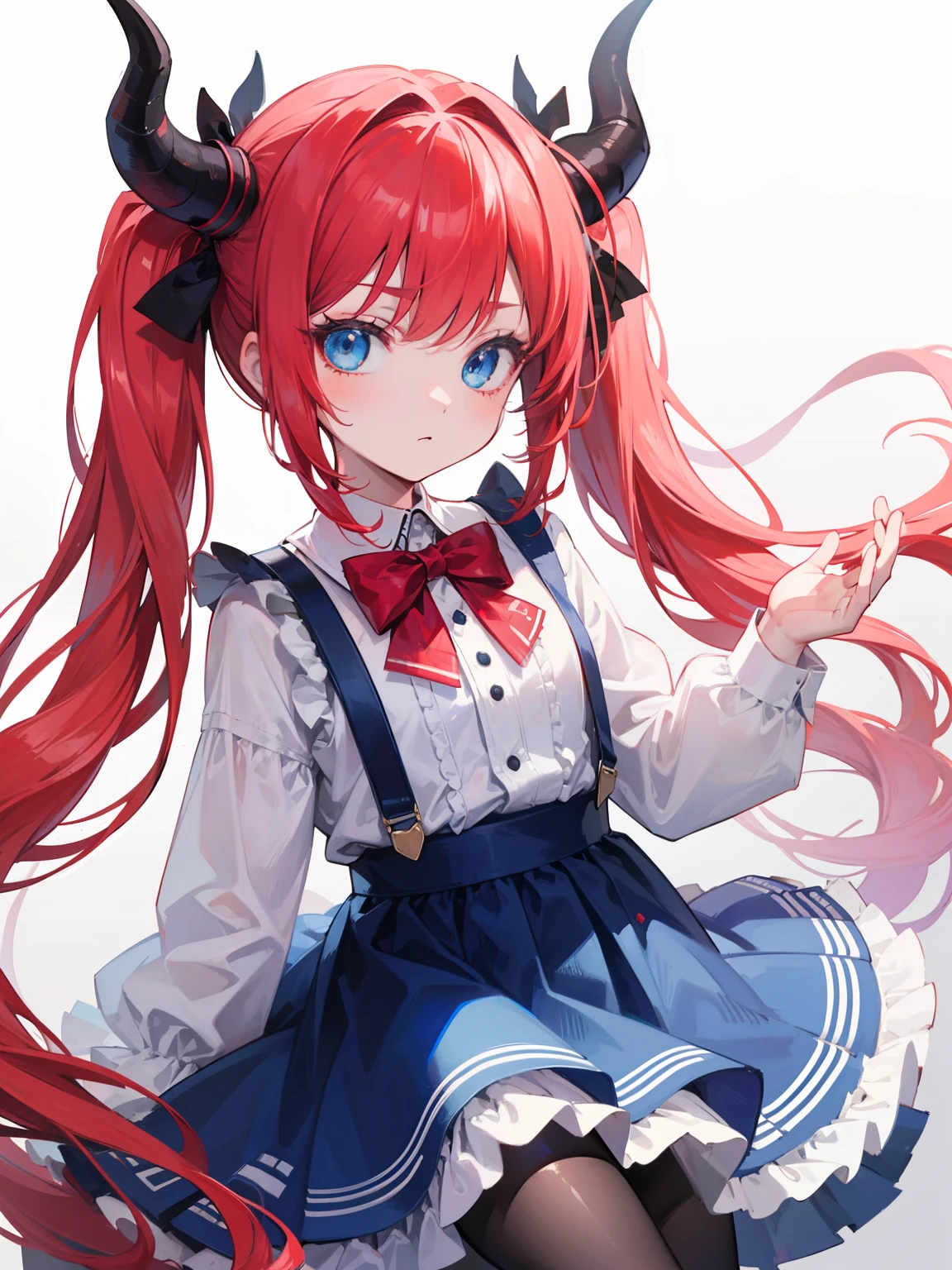 {{best quality}}, {{masterpiece}}, {{ultra-detailed}}, {illustration}, {detailed light}, red hair,blue eyes,twintails,lolita,Suspenders skirt,Fantastic,loli,solo,Dragon horns,little girl,long hair