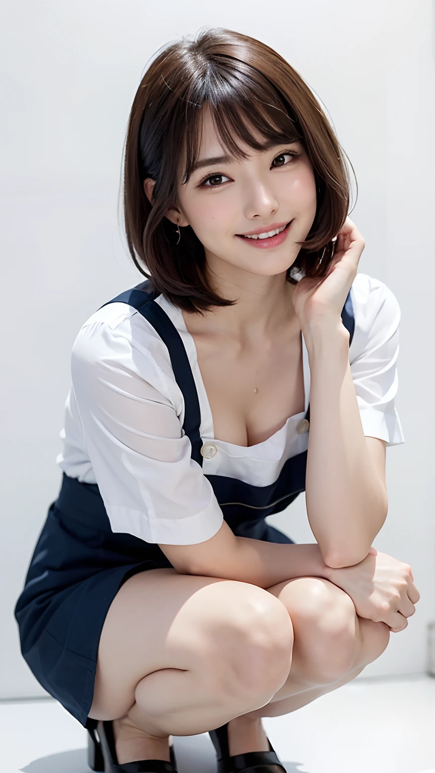 Beautuful Women、1人日本人、Very sexy body、Big chest looking directly at the camera、sexy facial expression、Coquettish smile、Happy smile、A slight smil、smil、skin gloss、big eye、Highlights in the eyes、Distinct double eyelids、Lashes、long neck、Beautiful short hair、Glossy dark black hair、bangss、with a pure white background、cafes、Put your ears out、Beautiful skin quality、Oil for the skin、Lame on skin、Lotion on skin、Cafe Clerk、The shirt、skirt by the、pinafore、Apron、Lying on the floor、、Crouching、Beautiful legs、The thighs are erotic、Bending knees