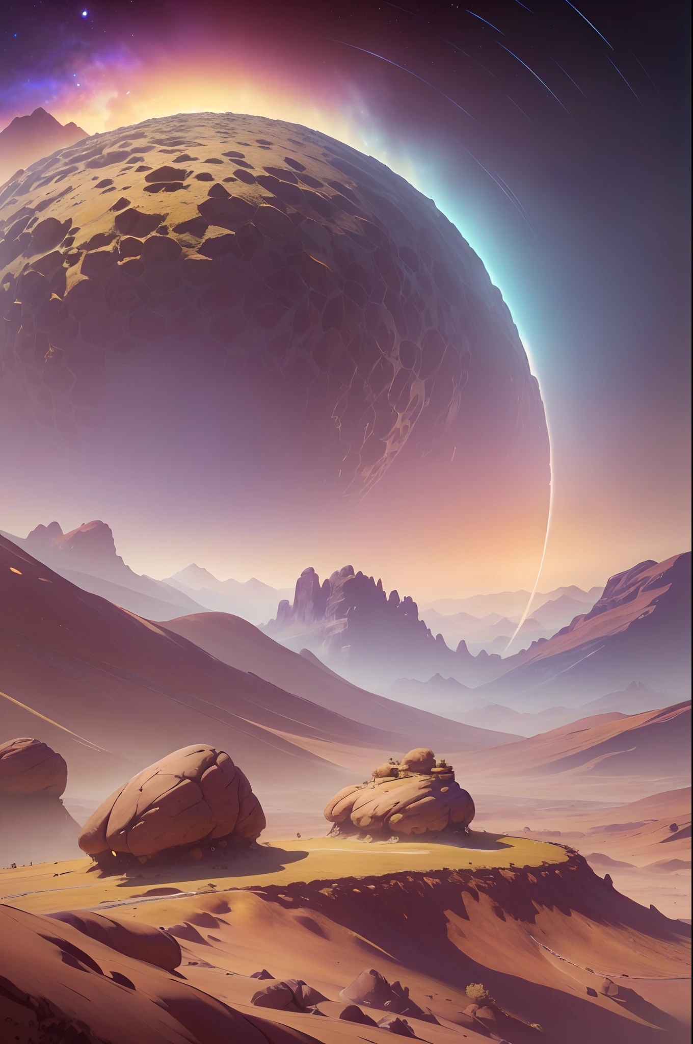 Fantasy Desert, Desert Mountain, Halo ring (Masterpiece, Best Quality, High Quality, Highres:1.4), Detailed, Extremely Detailed, Ambient Soft Lighting, 4K,Blurry, Blurry Background, Depth of Field, Bokeh, DOF, Fog, Bloom Outdoors, (Nature, fantasy Desert:1.2), (Rocks:1.2),