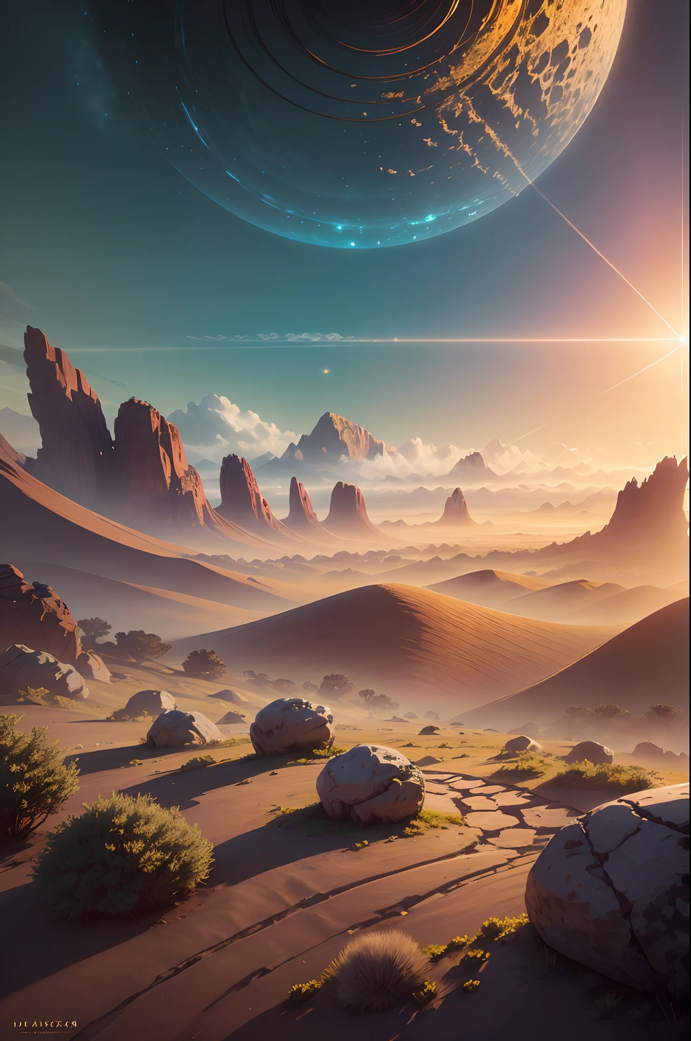 Fantasy Desert, Desert Mountain, Halo ring (Masterpiece, Best Quality, High Quality, Highres:1.4), Detailed, Extremely Detailed, Ambient Soft Lighting, 4K,Blurry, Blurry Background, Depth of Field, Bokeh, DOF, Fog, Bloom Outdoors, (Nature, fantasy Desert:1.2), (Rocks:1.2),