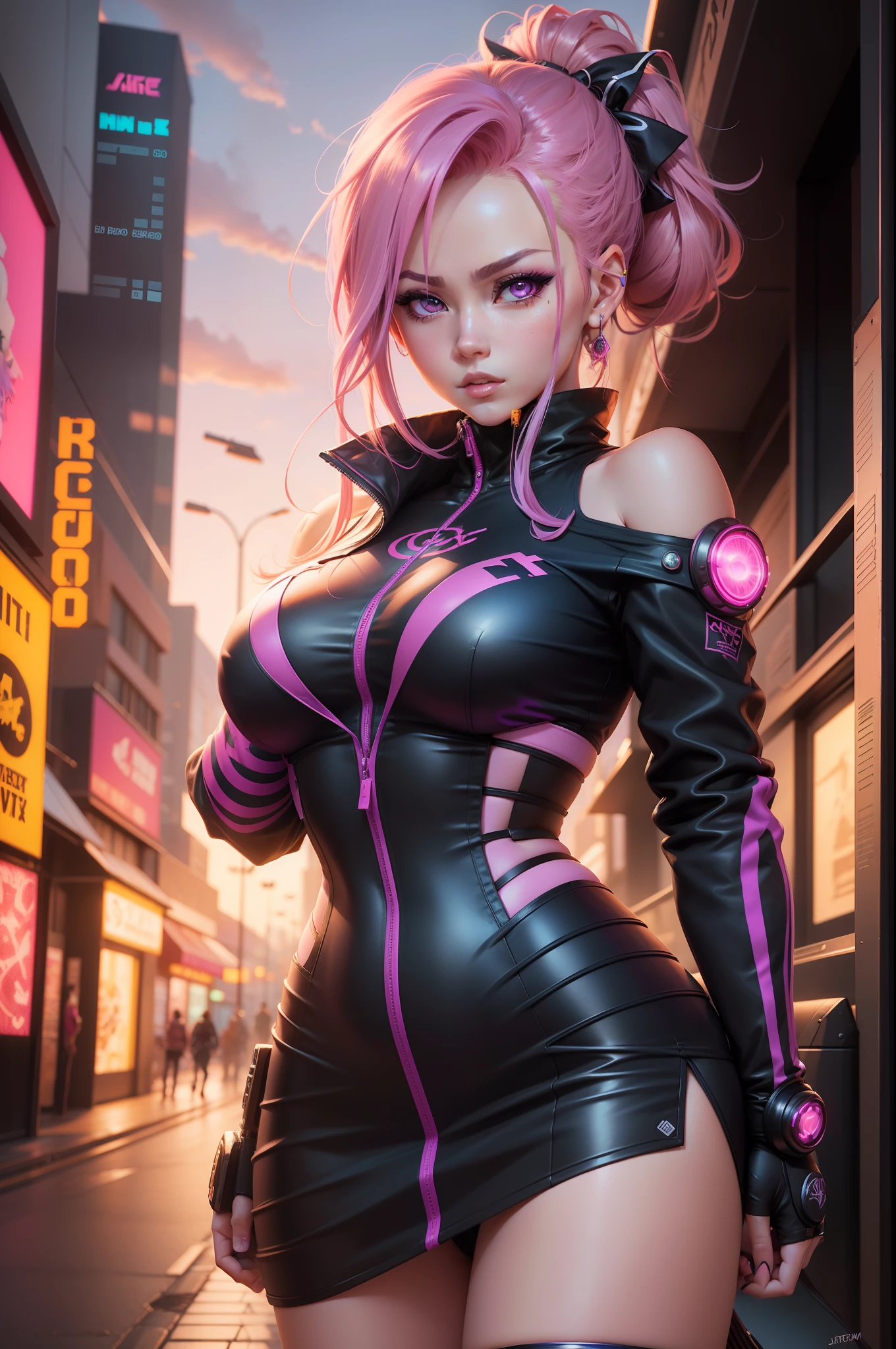 Anime girl with pink hair and purple eyes with a bow, arte de anime digital detalhada, Modelo IG | Artgerm, Arte no estilo de Guweiz, Artgerm extremamente detalhado, Retrato de Jinx de Arcane, retrato Artgerm, 8k arte detalhada de alta qualidade, arte digital estilo anime, 8K Artgerm Bokeh, judy alvarez, cyberpunk, neon