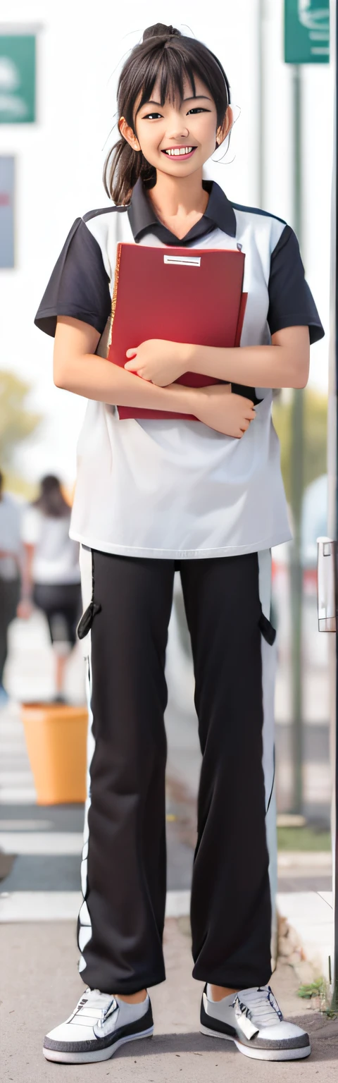 A female high school student，Holding a book，White loose T-shirt，Black loose sweatpants，Black and white shoes，With a ponytail，Happy smile