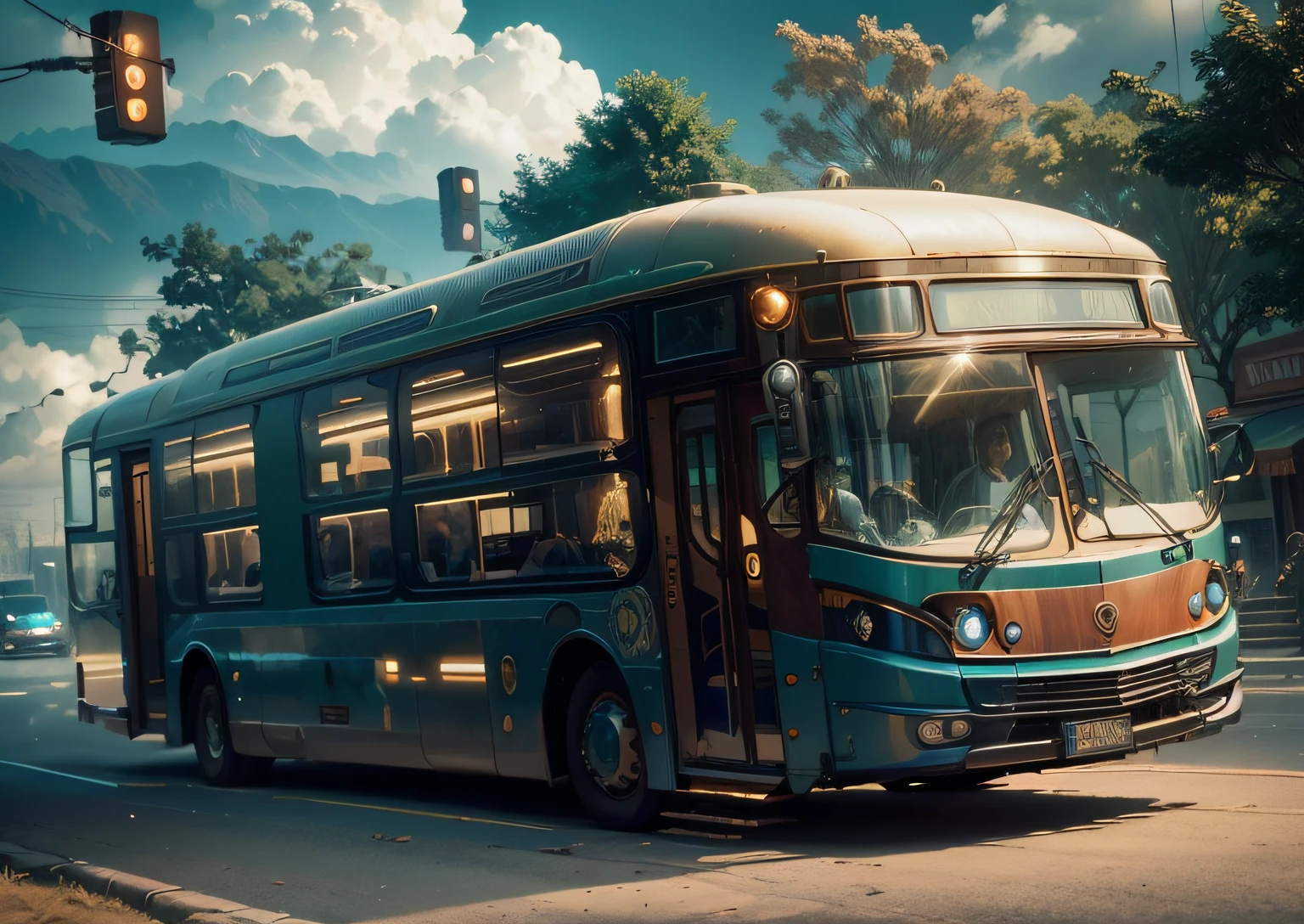 futuristic bus, brancos de fundo, Corpo Steampunk, detalhes intrincados, Magnificent, cinemactic, high resolution, 4k,