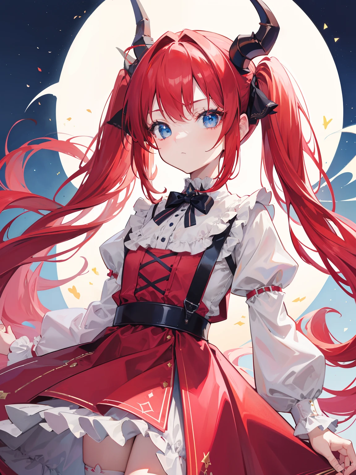 {{best quality}}, {{masterpiece}}, {{ultra-detailed}}, {illustration}, {detailed light}, red hair,blue eyes,twintails,lolita,Suspenders skirt,Fantastic,loli,solo,Dragon horns,little girl,long hair