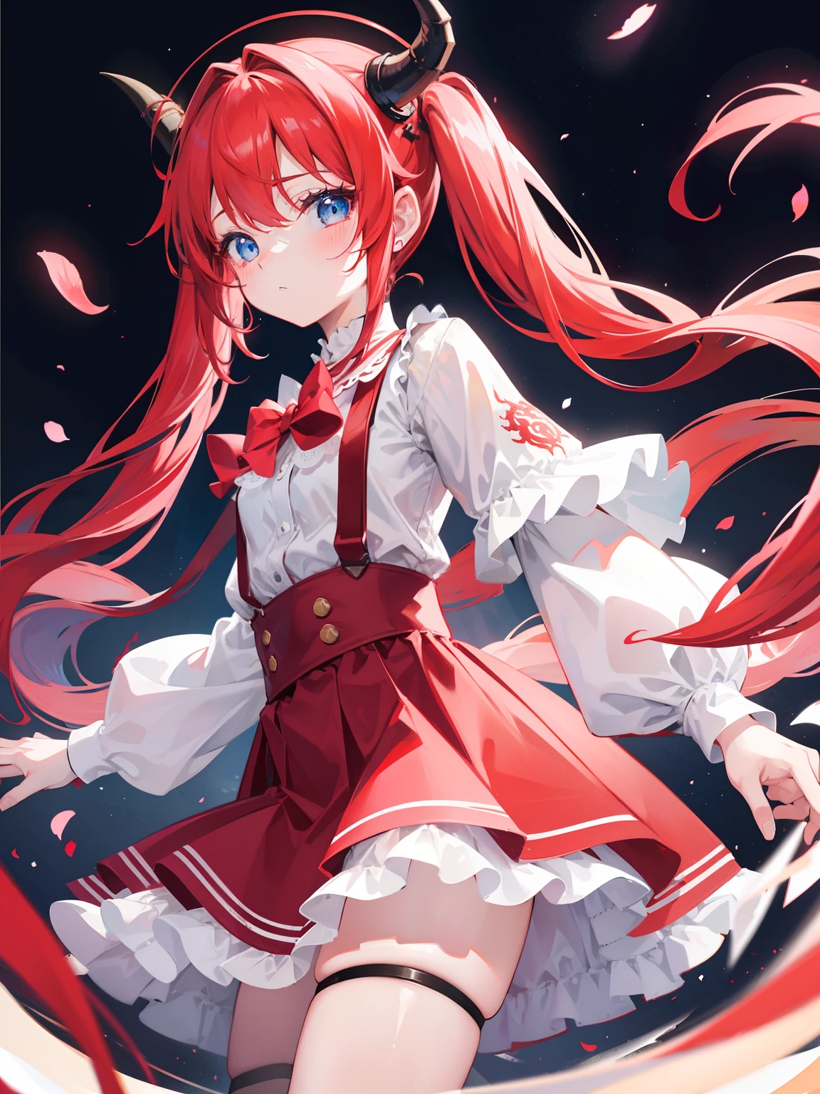 {{best quality}}, {{masterpiece}}, {{ultra-detailed}}, {illustration}, {detailed light}, red hair,blue eyes,twintails,lolita,Suspenders skirt,Fantastic,loli,solo,Dragon horns,little girl,long hair
