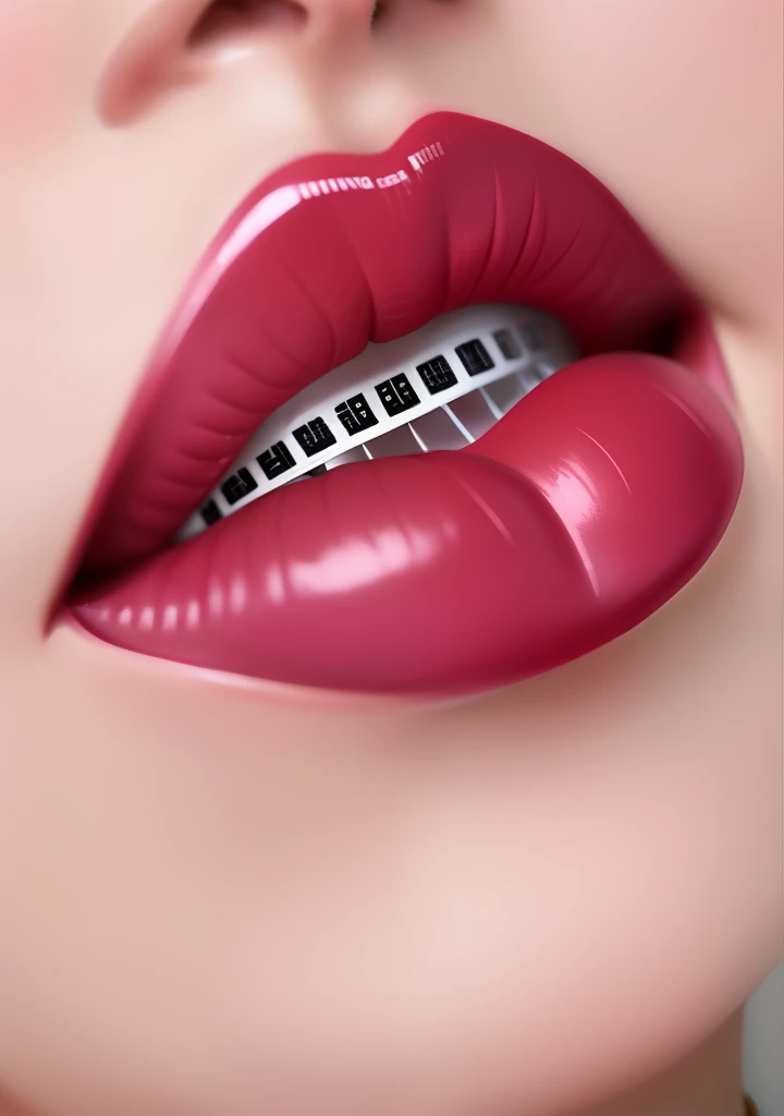 There is a poster，There is a woman's mouth，There is a bracket on it, a poster, mouth is simple and pleasant, poster for, Sexy lips, Controversial poster art, inspired by Zhang Xiaogang, inspired by Wang Yi, Poster illustration, Mouth, inspired by Gu Zhengyi, closedlips, cyberpunk ads, inspired by Fang Congyi, Wang Chen