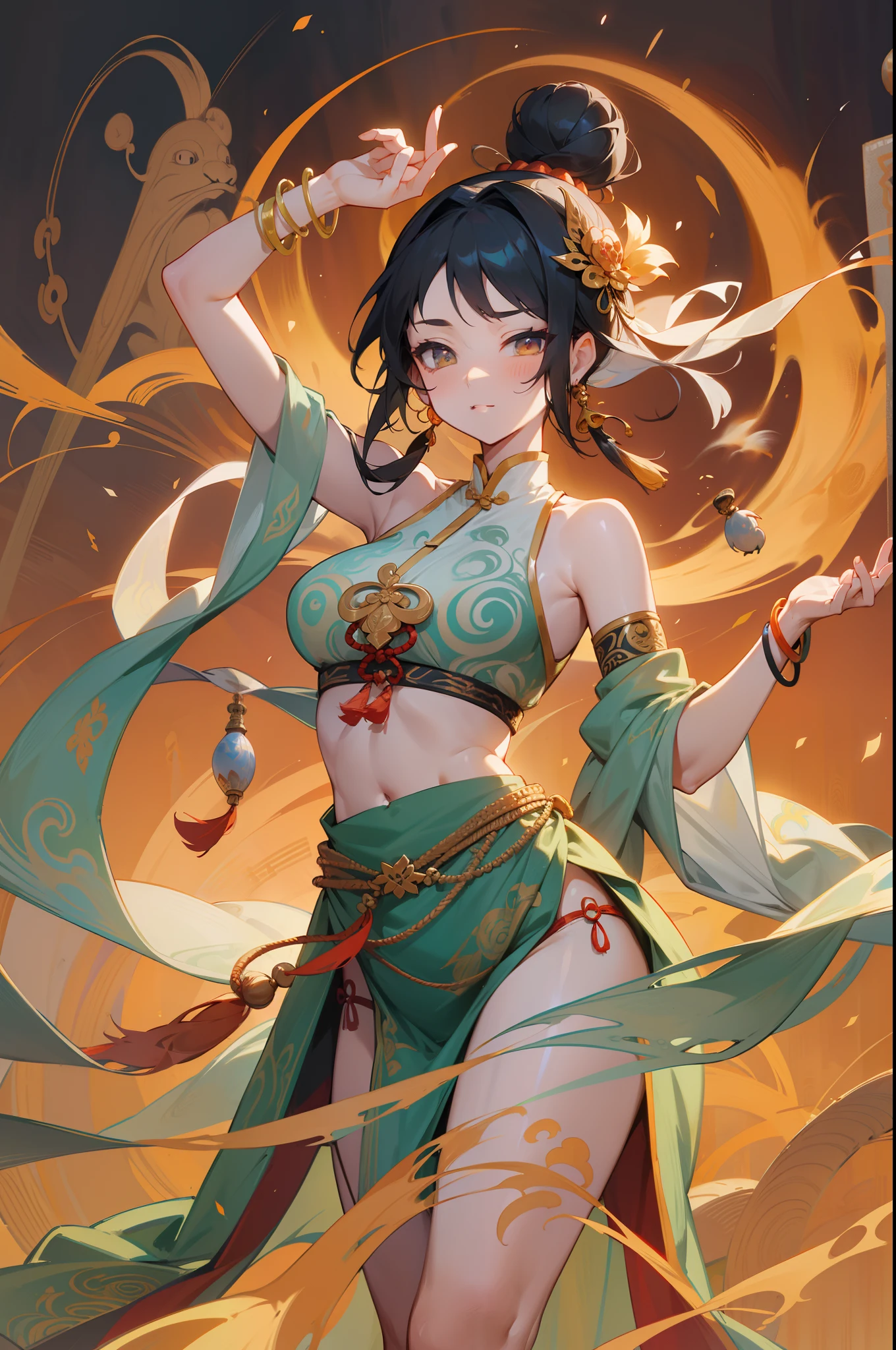 Three beauties of ancient China,Holding Buddhist items,structurally correct,Dragon and phoenix background,Dunhuang style architecture,Dance,The ornate costumes are embroidered with intricate embroidery,A long transparent colored streamer is tied around the arm,flowy,Open navel,cropped shoulders,Bare neck,Yingluo,Black coiled hair bun hairpin hairband,The armband is tied with a streamer,Bracelet,Anklets,A metal chain tassel is tied around the waist,Mogao Cave Art,Inspiration for the Dunhuang flying mural,water ink,CGstation is popular --v 6
