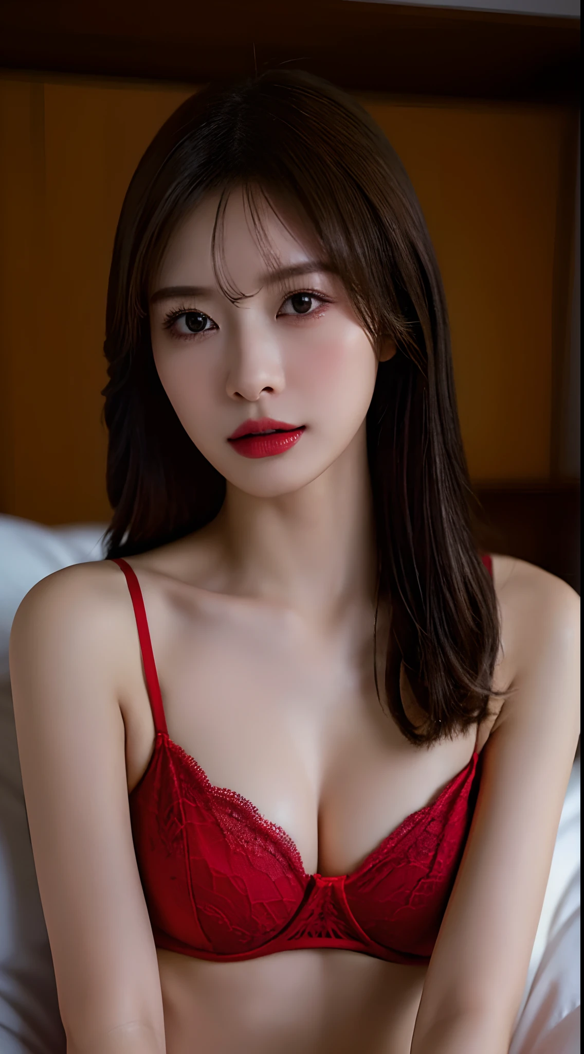 ((top-quality、8K、masuter piece:1.3)), 1 female, Beautiful girl emphasizing slender abs:1.3, 爆乳:1.2, Pose Seductive, Sexually seductive facial expressions, (wearing ultra-thin red lace underwear: 1.4), Open your crotch, that are about to spill, Red Off Shoulder, Nipples are visible, Cinematic lighting, hyperdetailed face, High detailed lips, A detailed eye, double-edged eyelid, Ecchi, Lying in bed,