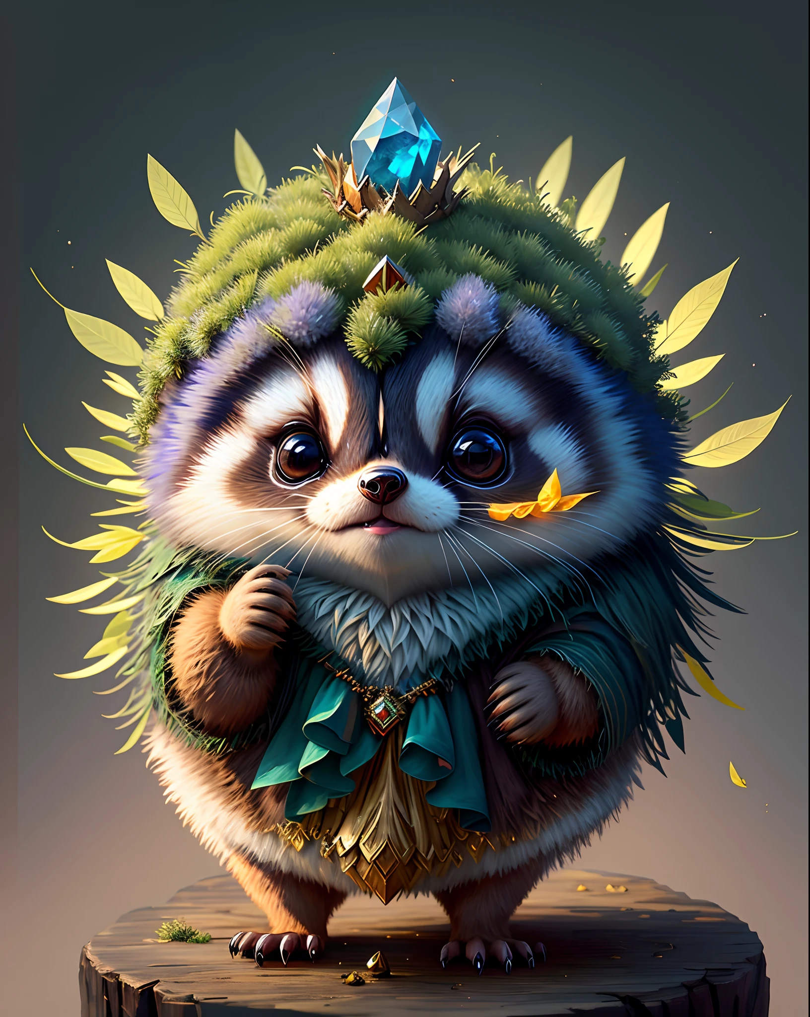 Top image quality、"Create cute creature masterpieces with inspired ultra-detailed concept art. Let your imagination come alive", (Raccoons), high detailing, in 8K、Top image quality、Dressed as a wizard、Holding a magic wand with a large gem、
