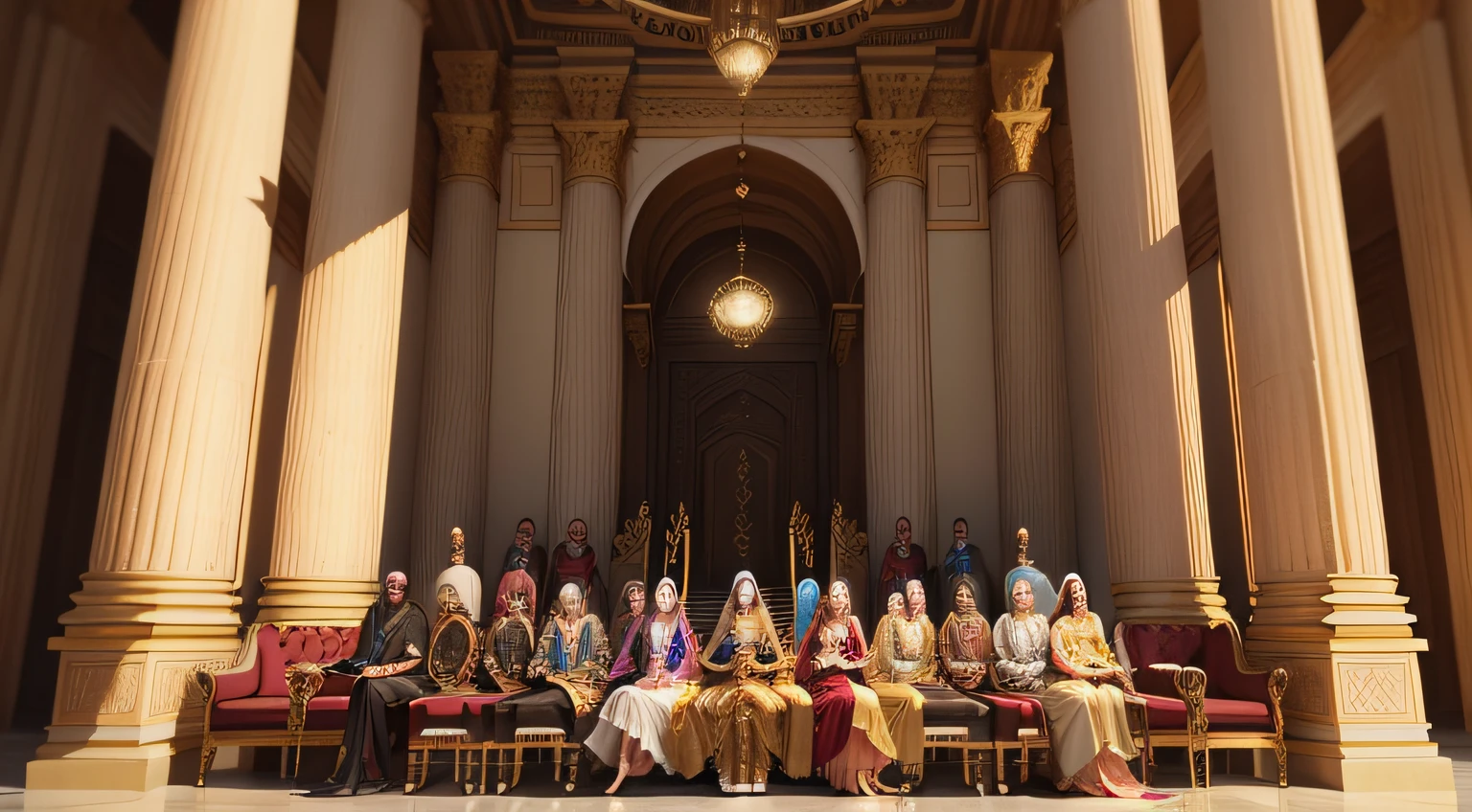 majestic palace of Babylon. The royal court is assembled, com o rei e seus conselheiros em destaque