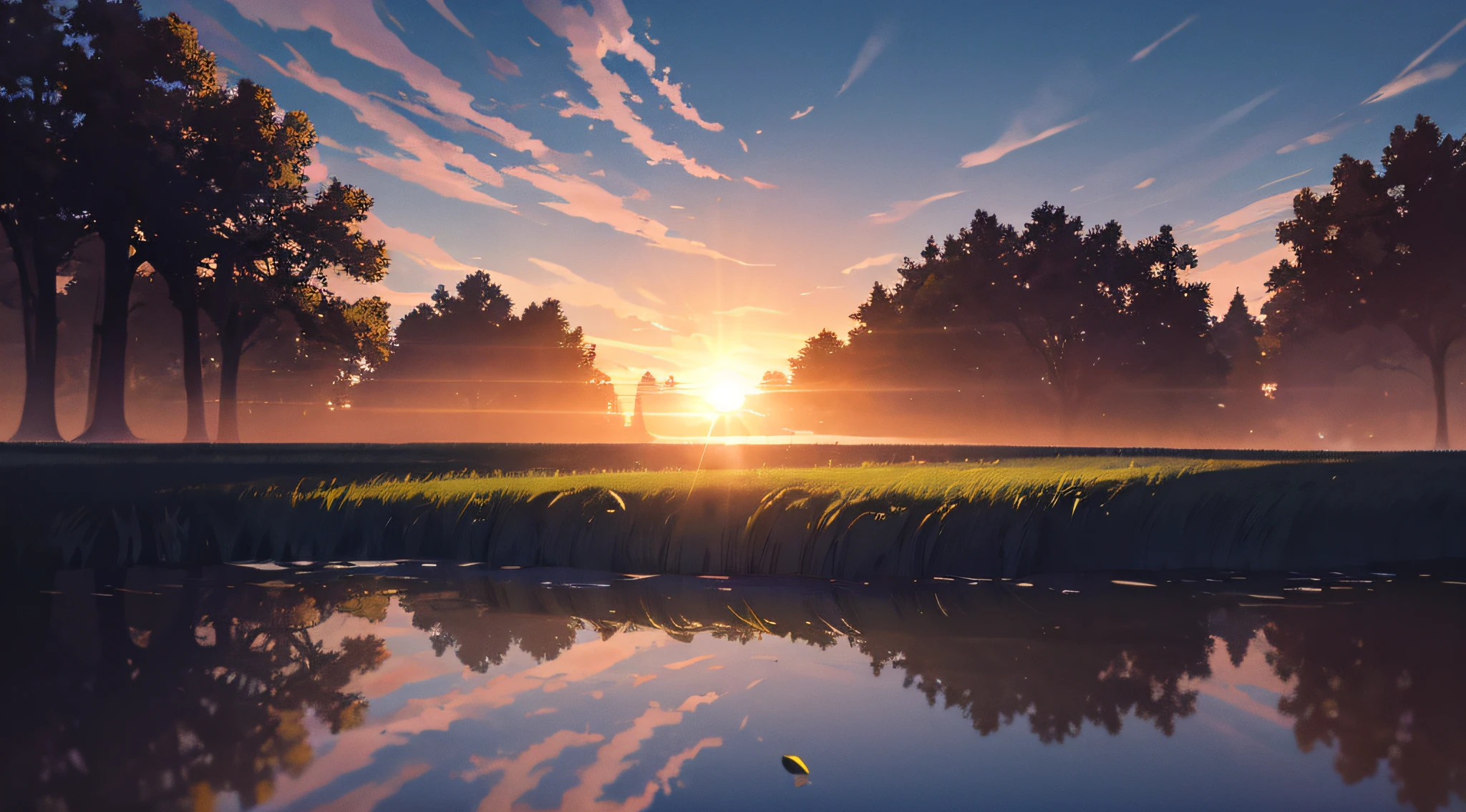 masterpiece, best quality, aesthetic, highres RAW photo, landscape photography, wide shot, from below, scenery, sunrise, blue sky, clouds, lake, reflection, sun, trees, floating leaves, ripples, foreground interest, depth of field, cinematic lighting, asymmetric composition, professional shadows, sharp focus, lens flare