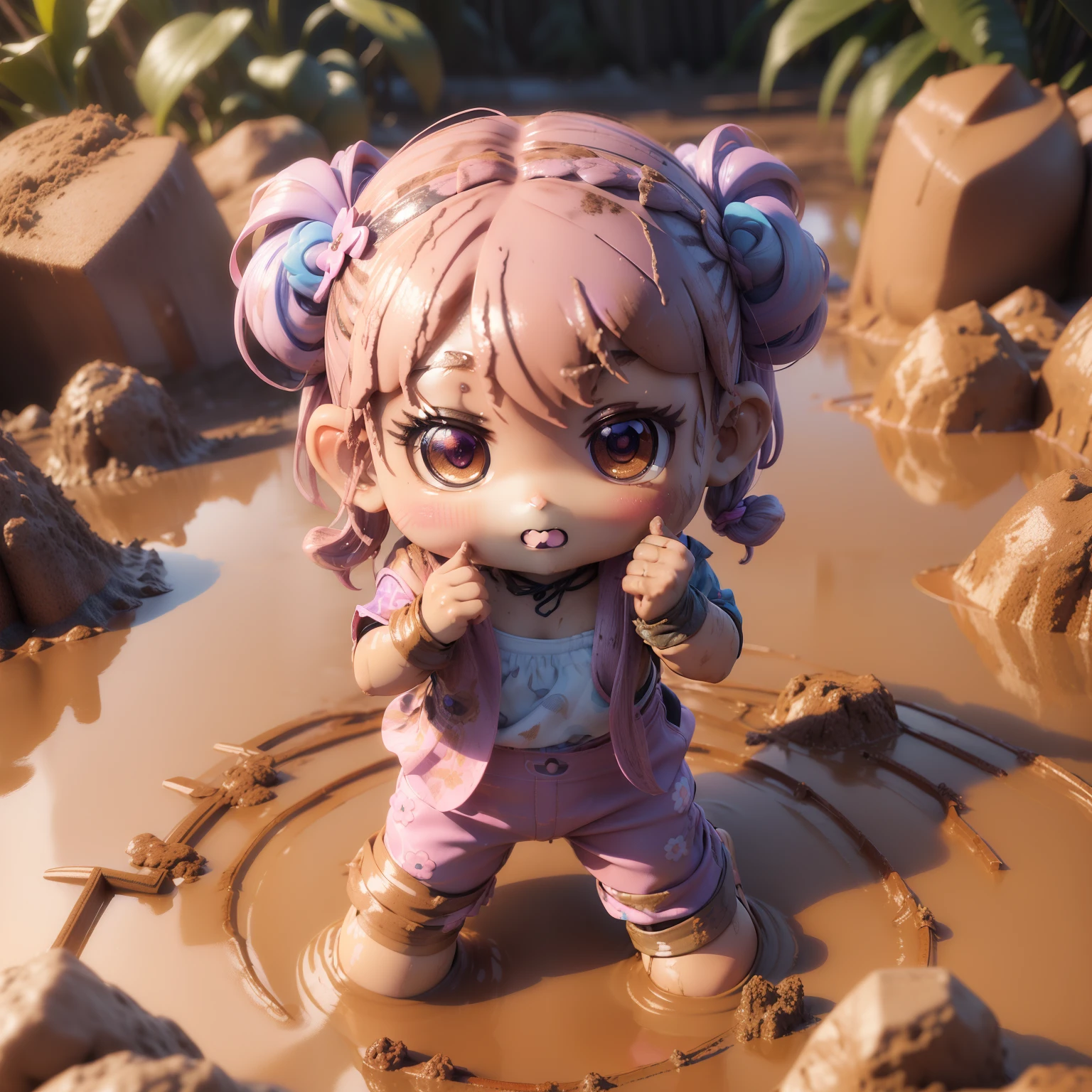 (((chibi 3d))) Very cute and beautiful  (Chibi:1.8)( Anime :1.5),Braided hairstyle mixed with violet and light blue,Big hilarity,Retro　Flower print salopette pants are dirty with mud (Posing in the mud:1.5) Photo 8k. ( Salopette pants are dirty with mud:1.2). She jumps into a mud swamp photo).