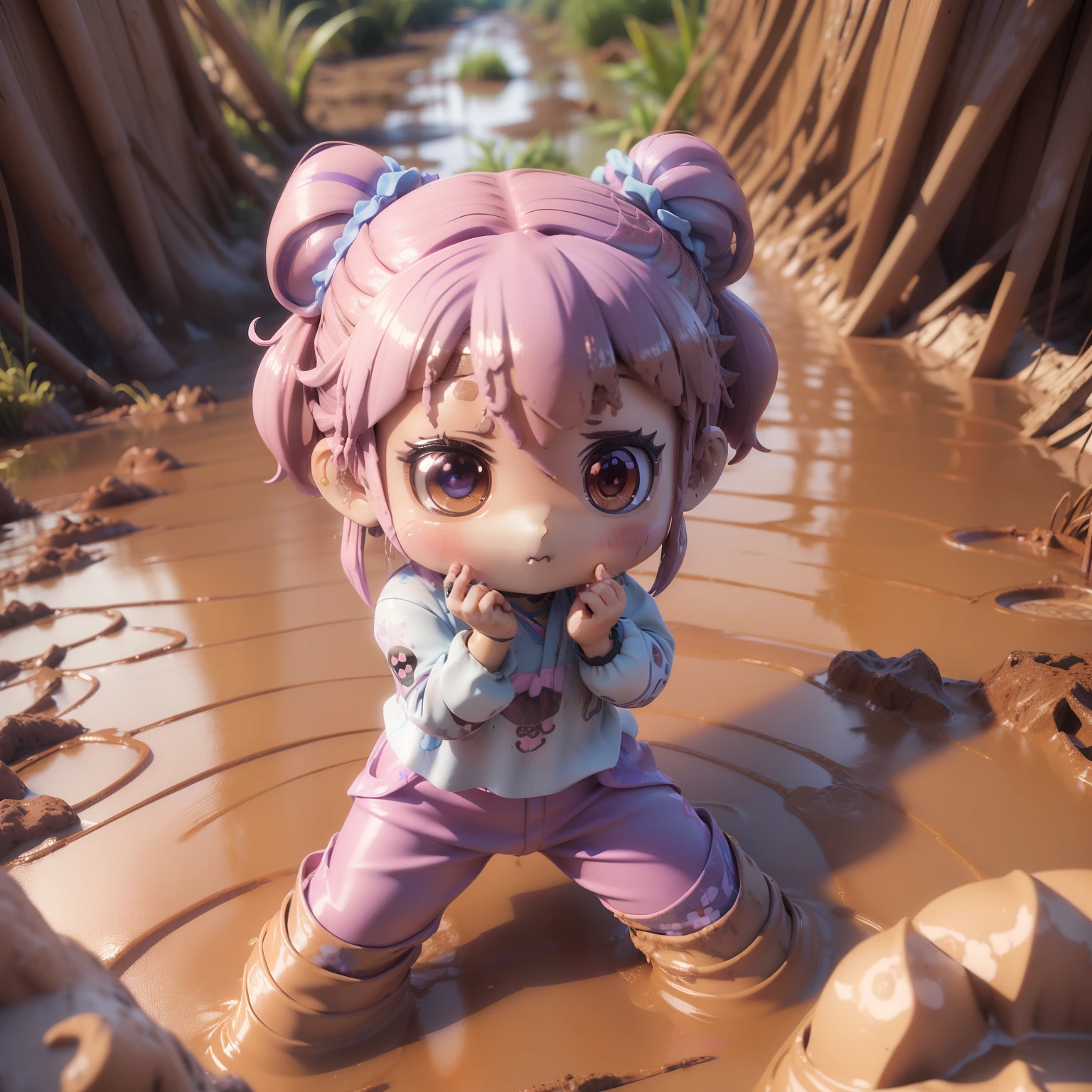 (((chibi 3d))) Very cute and beautiful  (Chibi:1.8)( Anime :1.5),Braided hairstyle mixed with violet and light blue,Big hilarity,Retro　Flower print salopette pants are dirty with mud (Posing in the mud:1.5) Photo 8k. ( Salopette pants are dirty with mud:1.2). She jumps into a mud swamp photo).