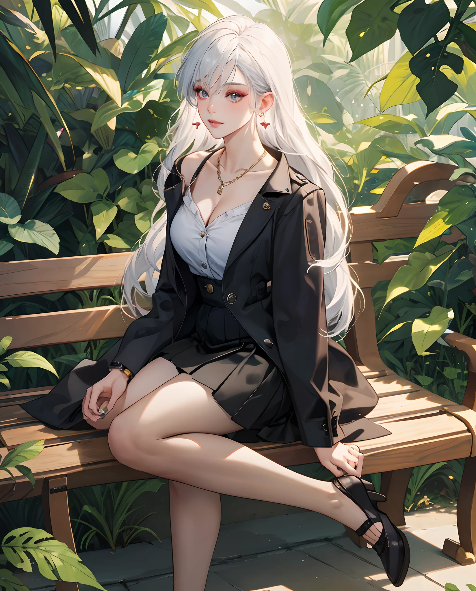 (Best Quality, 8K, Masterpiece), (A Beautiful Girl with White Hair, Super Pink Long Hair, Big Eyes: 1.3, Long Eyelashes, Delicate Makeup: 1.4, Sexy Lips, Blush), (Exquisite Watch, Silver Reflective Heart-shaped Necklace, Bulgari Earrings, Bulgari Ring), Reduced Suit Size, (Sitting on a Park Bench with Behind the Built-up Leaves and Plants), (Wearing a white shirt with 2 buttons open, mid-breast, cleavage), black oily transparent pantyhose, hip skirt, (Sit and bend over, take off your shoes with your hands, expose your feet), Best Light, Best Shadows, Cinema Lighting, 26 Years Old, 1Girl, Acura, (Real Skin, Supple Skin) Ray Tracing, Unreal Engine 5, Reflective Skin, Digital Illustration, Game CG Characters, Supermodel