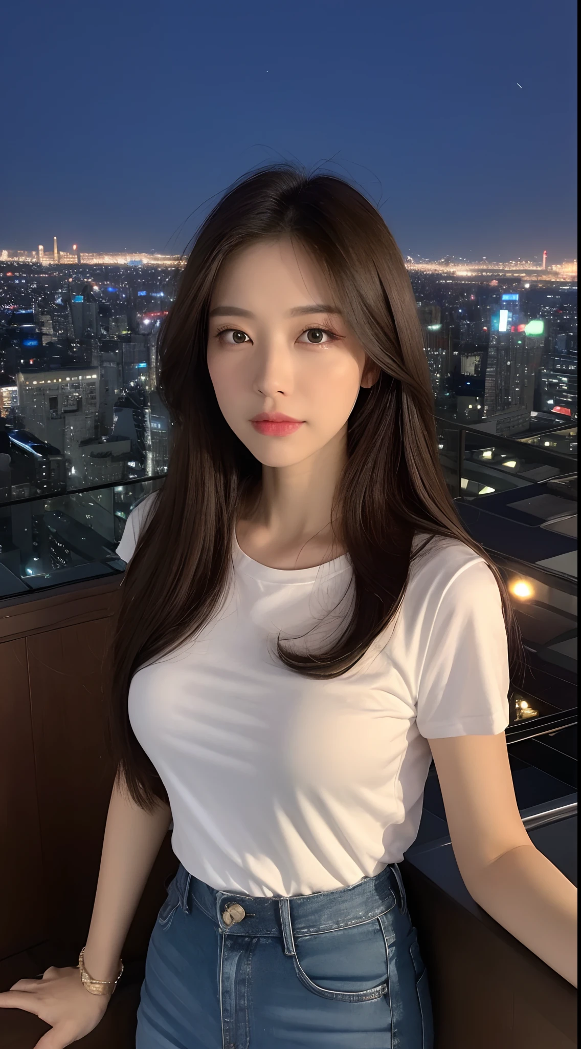 ((Midnight, Best quality, 8k, Masterpiece :1.3)), Whole body, Long legs, Sharp focus :1.2, A pretty woman with perfect figure :1.4, Slender abs :1.1, ((Dark brown hair, Big breasts :1.2)), (White tight tshirt, Jean bib, Standing:1.2), ((Night city view, Rooftop:1.3)), Highly detailed face and skin texture, Detailed eyes, Double eyelid