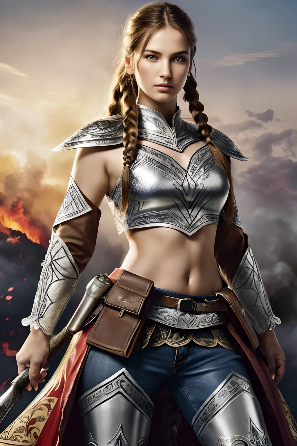 tmasterpiece,best qualtiy,hyper HD, 8K,Bokeh,Ultra-fine painting,Sharp focus,Physically-based rendering,Extreme detail description,1 female paladin,Raised sexy,ride horse,Swing the long sword,Light silver armor,(Richly decorated armor:1.5),(The print pattern is delicate and beautiful:1.5),red brown hair,Long, Thick braids,A detailed eye,Straight nose,perfect bodies,(Battlefield fighting:1.5),Gunsmoke fills,Smoke billowed out,Flames lit up the sky,from below,