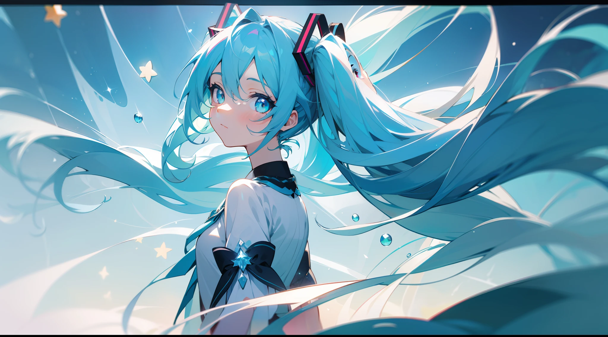 masterpiece, best quality, ultra-detailed, illustration, beautiful detailed eyes, long hair, sky blue hair, cyan eyes, from side, depth of field, floating white silk, stars in the eyes, glass walled mid-sea road, hatsunemiku, looking at viewer