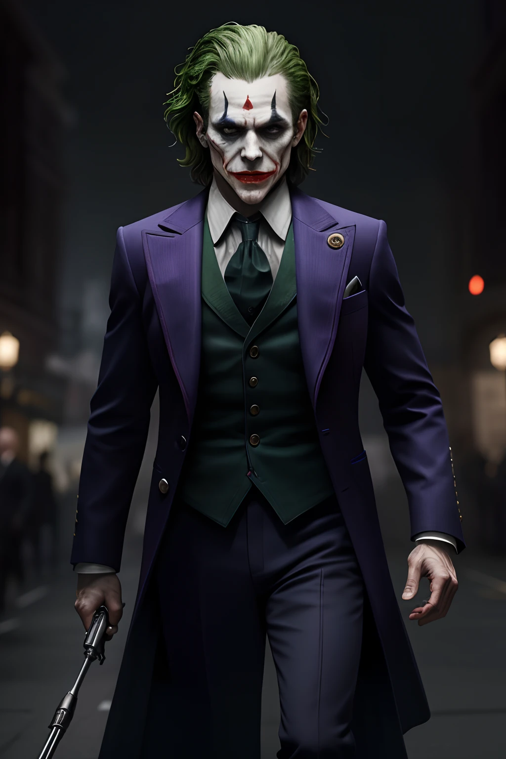 (8k, RAW photo, best quality, masterpiece:1.2), ultra detailed, official art, photo-realistic:1.37, upper body shot, DC Joker, film grain, action pose