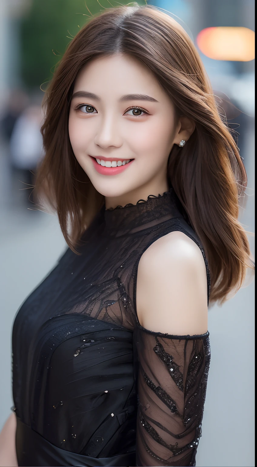 ((Best quality, 8k, Masterpiece :1.3)), 1girl, smiling, full body, slim face, Pretty woman, (Dark brown hair), full length dress :1.1, Ultra-detailed face, Detailed eyes, Double eyelid,  blur background, slim face, city, outside, street,