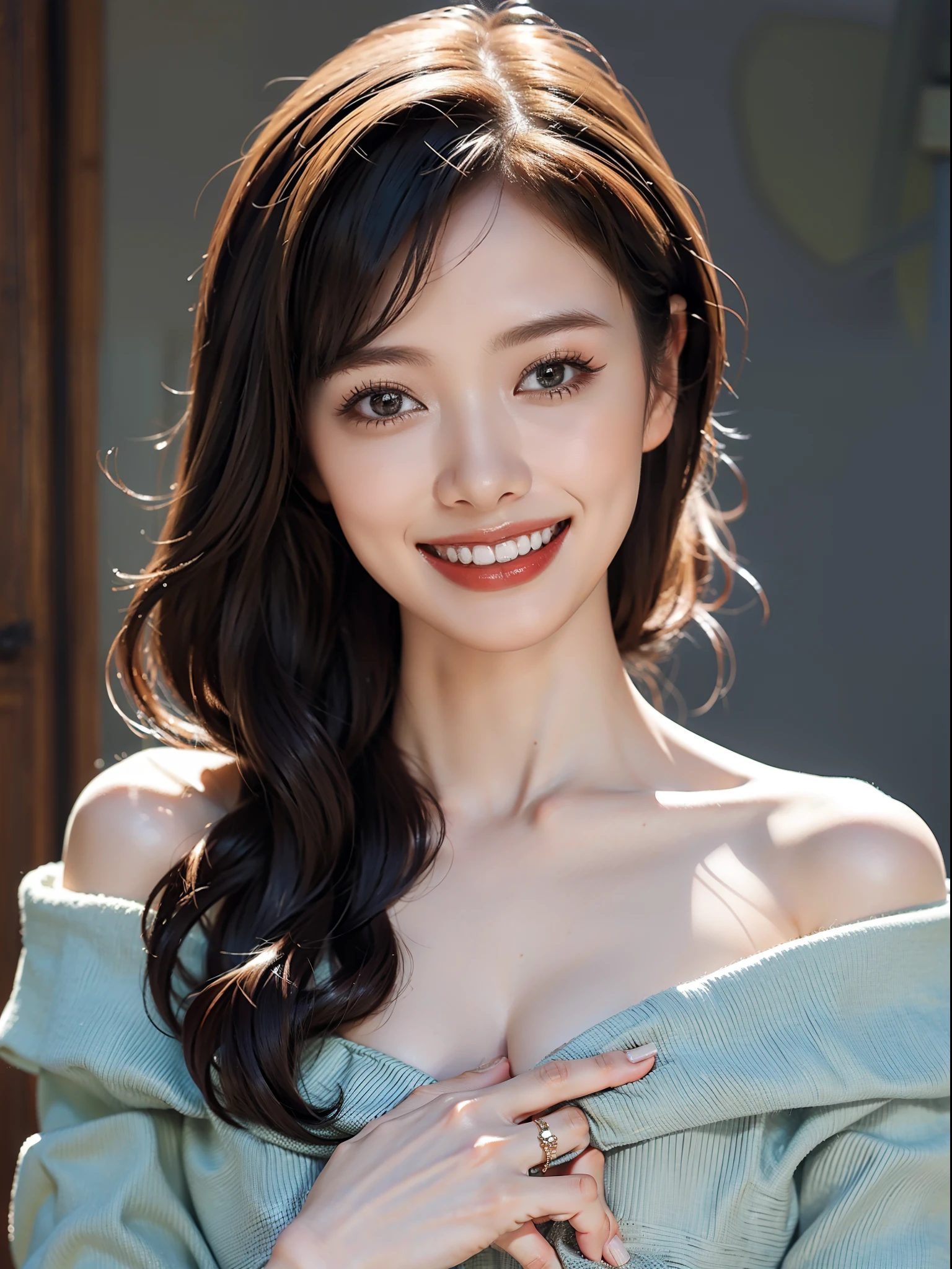 best quality, masterpiece, ultra high res, photorealistic, 1girl, offshoulder, smile