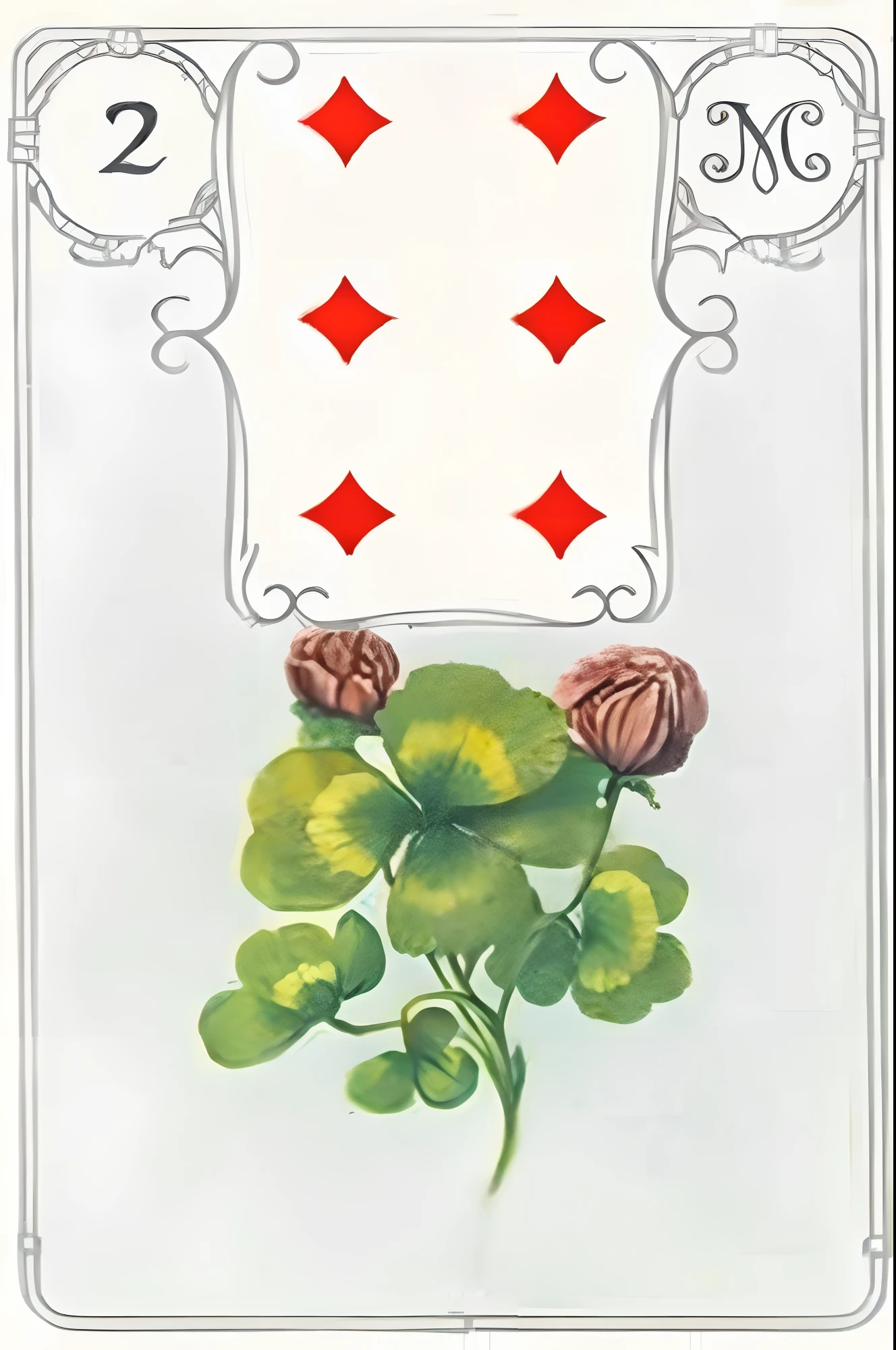 (((qualidade superior, melhore a qualidade, obra-prima: 1.3))) um close up de uma carta de baralho com uma flor, Baralho vitoriano, trevo, poker card style, card art, botanico, erva, trevo de quatro folhas, cartas de baralho, Cards, hand-drawn, hand - drawn, Heart in a deck suit, motivo floral, Vervia, jogo de cartas comerciais, Retrato N - 9, Tarot card, Art Nouveau Card, Tarot card 2 The Clover