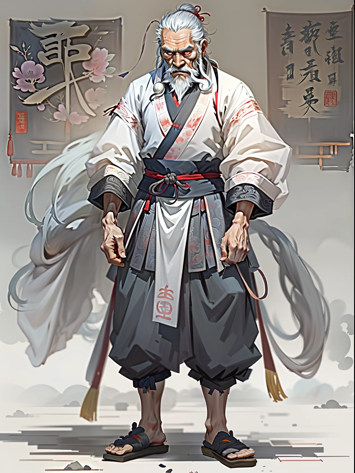 Chinese Ancient Times, An old man, Asian people,gray hair and beard, Black eyes,Thin body, Weakness of the body,standing on your feet, The background is a prison,Look at the camera with determined eyes, dressed white hanfu, There is no pattern,China-style, first person perspective, Masterpiece, ccurate, Anatomically correct, Super detail