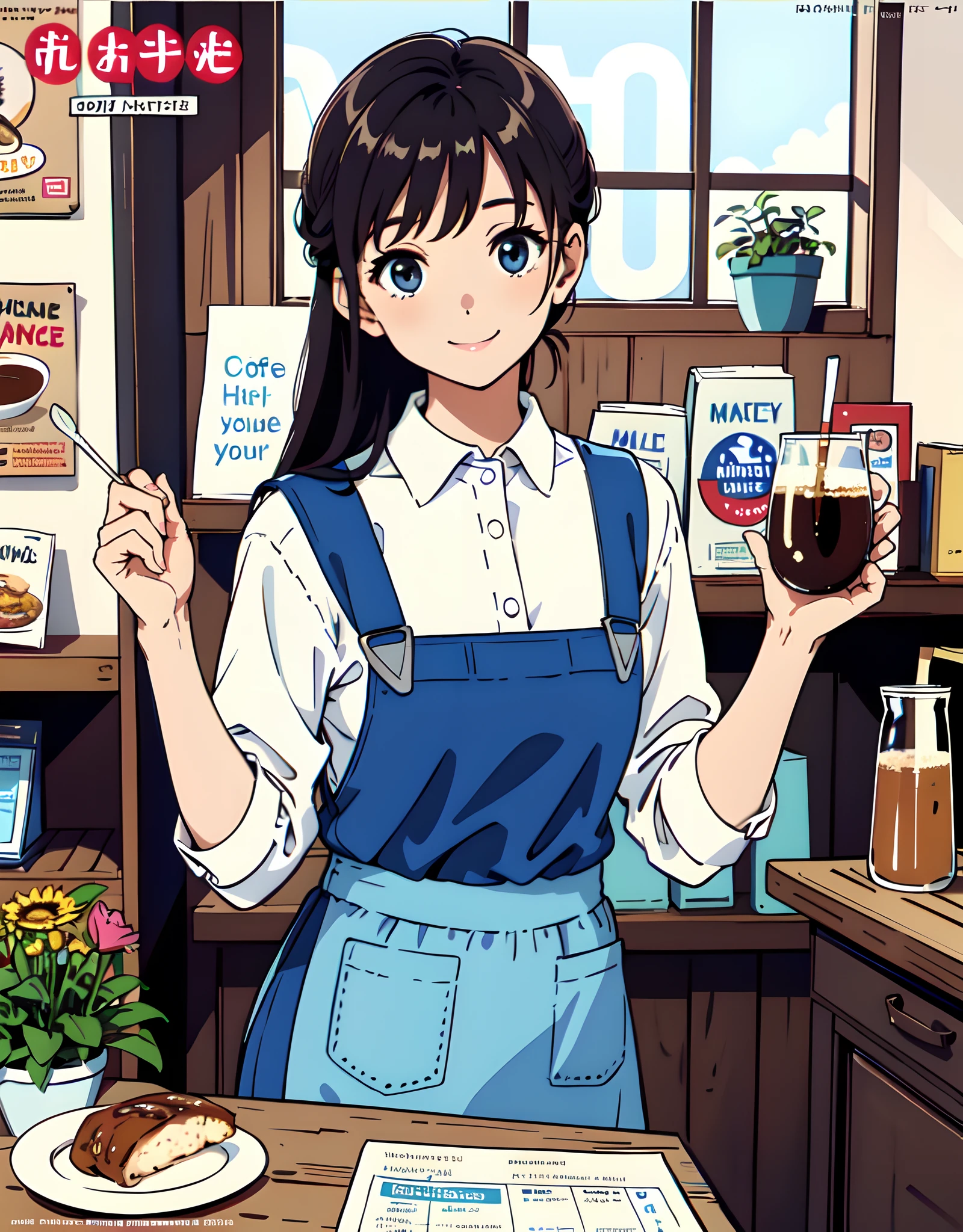 (Best Quality, Masterpiece), Front cover of a magazine, 1girl,stunning, cute, heartwarming smile,holding cup,coffee, pinny apron, beautiful food, text, diagrams, advertisements, magazine title,magazine cover,