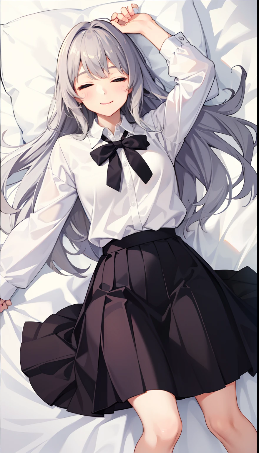 1girl in、A smile、A delightful! The shirt、pleatedskirt、White skirt、(small tits)Sleeping in large letters、
