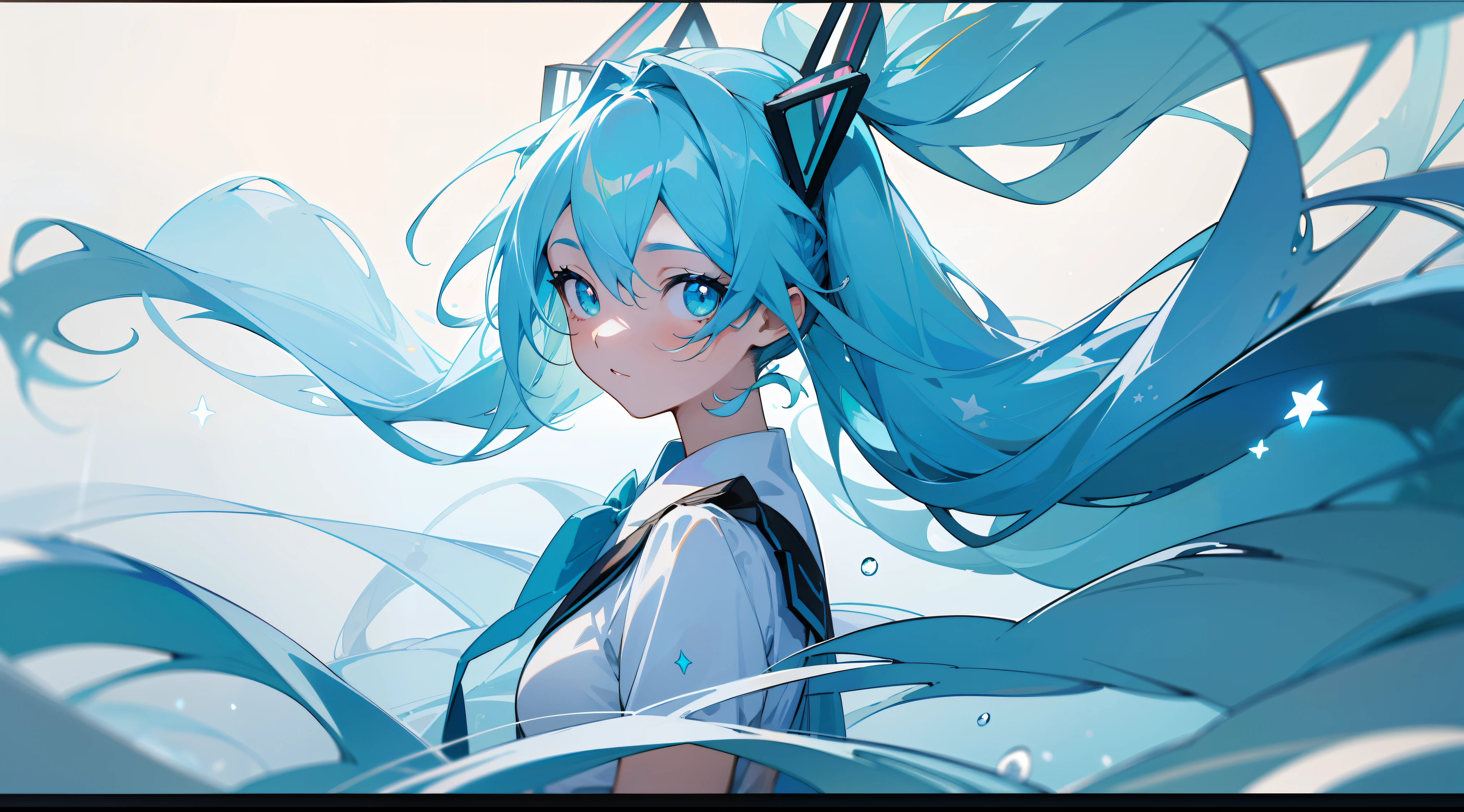 masterpiece, best quality, ultra-detailed, illustration, beautiful detailed eyes, long hair, sky blue hair, cyan eyes, from side, depth of field, floating white silk, stars in the eyes, glass walled mid-sea road, hatsunemiku, looking at viewer